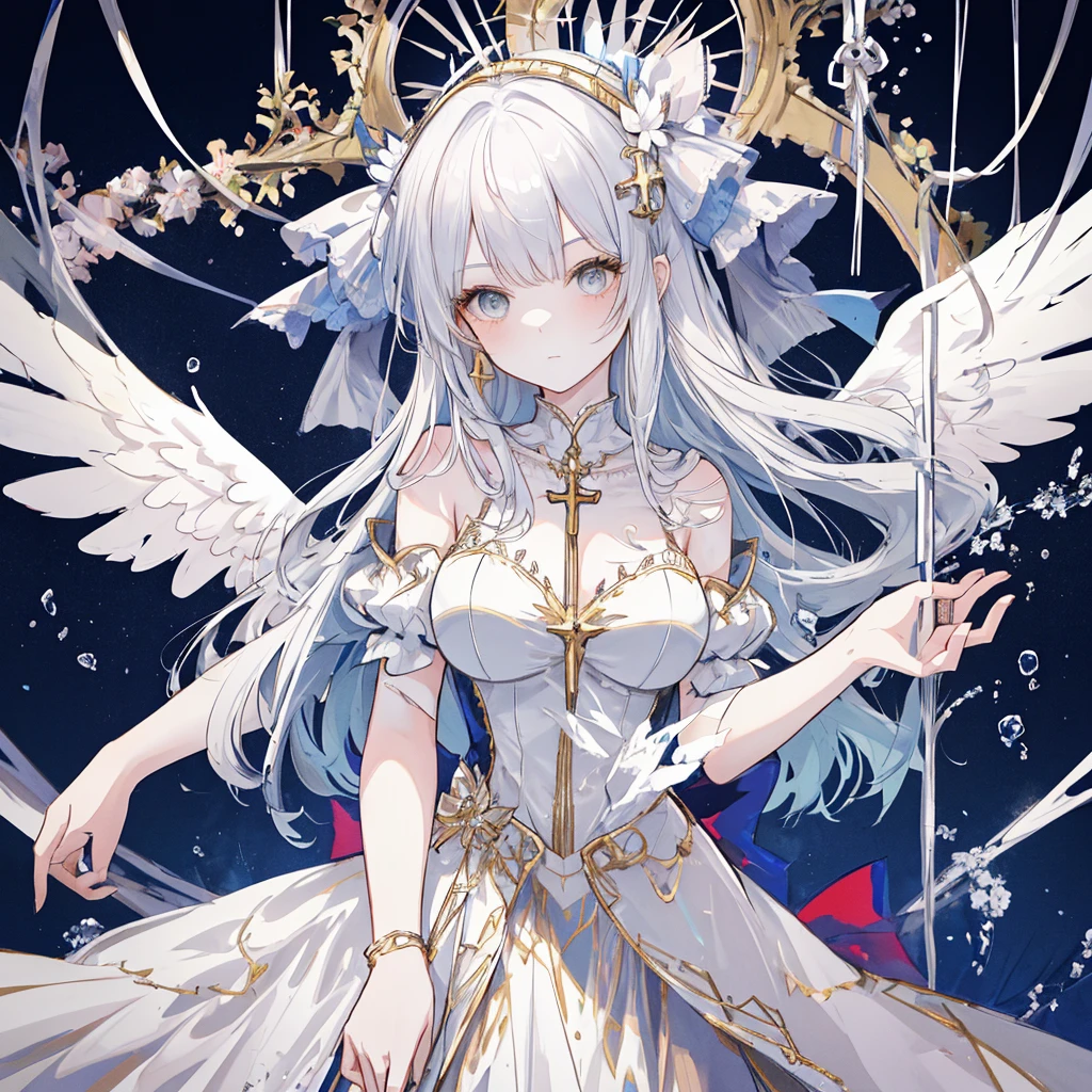 (((masterpiece, high quality))), One girl, Angel Girl, (((wing))), Winter grey eyes, (Gold and white feather), Celestial, Demon Realm Background, (((Two Tone Split Hair Color))), (((Curly Hair))), ((Very long curly hair)), Angel Dress