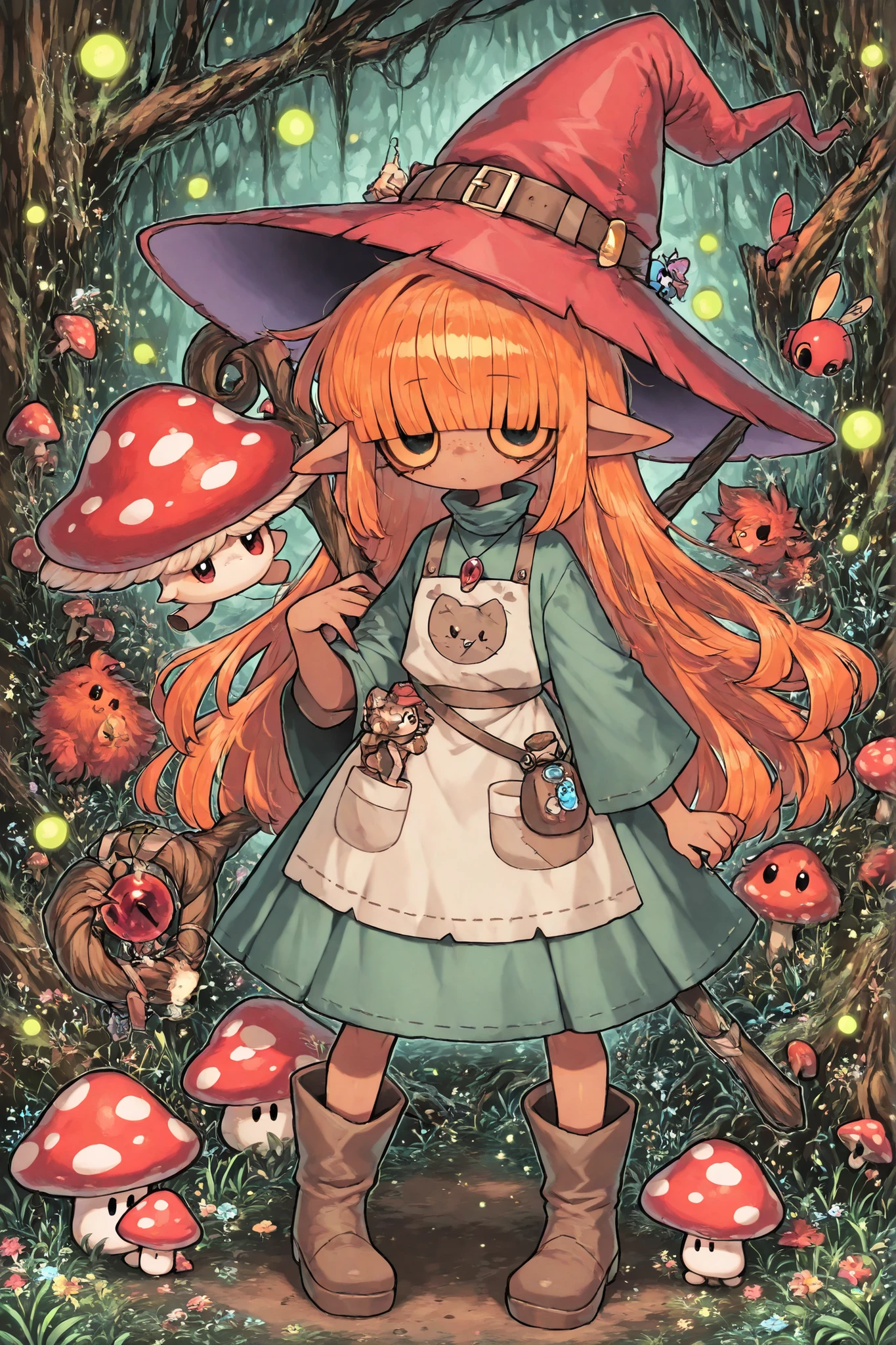 (edanoma_meu_illu,) a Fungi Witch. She has a petite build and flat chest, she is shorty, her hat, staff and boots are too big for her. She has dark caramel tanned skin, covered with freckles. She has big long pointy-ears. She has yellow-amber sclera and red irises. She has straight longest orange hair with straight bangs over her eyes. She wears medieval swampy green dress and an apron with two pockets. she wearing a potion belt with acorns pendants. There is a bag over her shoulder with healing herbs sticking out of it. She has brown pointy-toed witch boots. (red fly Agaric mushroom hat in the shape of a witch's hat) She wears a red fly Agaric hat on her head. In her hand she holds a staff in the shape of a tree branch overgrown with moss. On the background : the mushroom grove where big multicolor mushroom-trees grow everywhere around the blooming swamp, fireflies are flying in the air. Multicolored flowers and mushrooms wich growing around have bioluminescence.