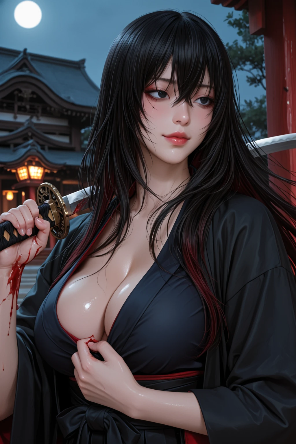 Wear a kimono with a skeleton pattern,Naked Women,Large Breasts,Big Breasts,There is a torii gate in the background.,The genitals are visible,Long, narrow eyes,Black eyeshadow,Black eyeliner