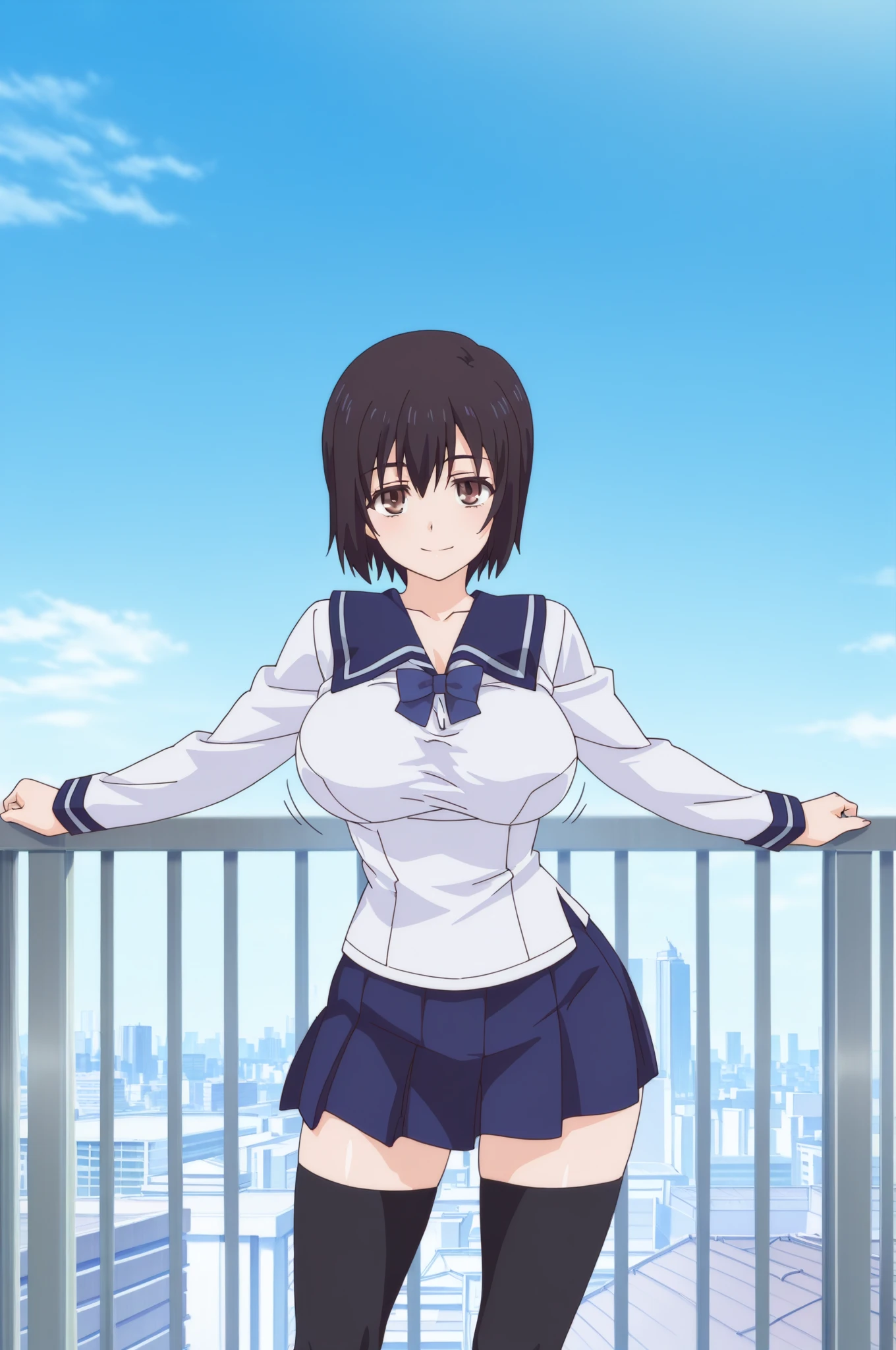 Huge , Naoha Kirigaya(Sword Art Online), 1 girl,real、 bob hair, hair clip, masterpiece、highest quality、sweater、Huge tit、Sexy、School、dynamic angle, view with camera、Big breasts that are about to burst:1.7、tight mini skirt、pants are visible、pointing your butt towards me、Looking back、pink panties