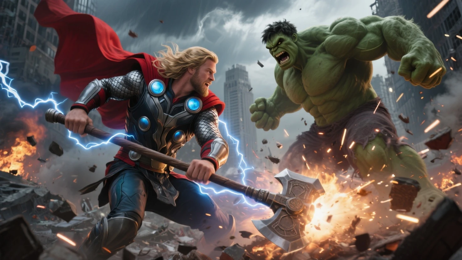Runnig thor and hulk fight image