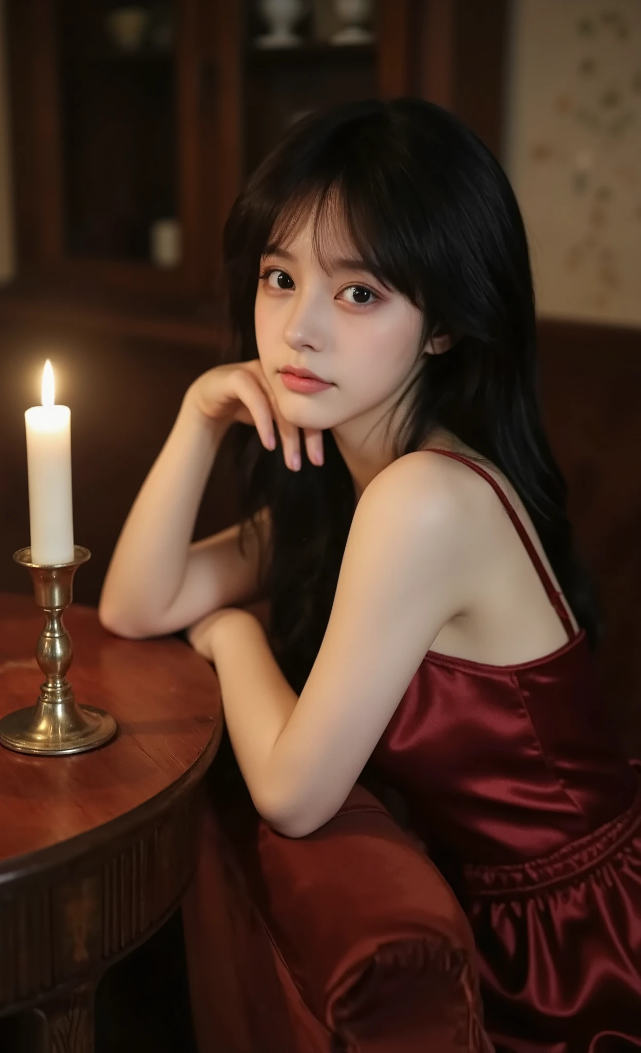 A woman in a dark red silk suspender dress leaned on a velvet armrest with one elbow, Her body turned slightly but looked back at her shoulders. The candle on the table next to her had a warm glow.
Low angle 3/4 Views, moody lighting, Light flicker effect, shadows danced on the folds of her clothes.
— Semi-realistic anime style, sexy lighting, The high-contrast softness