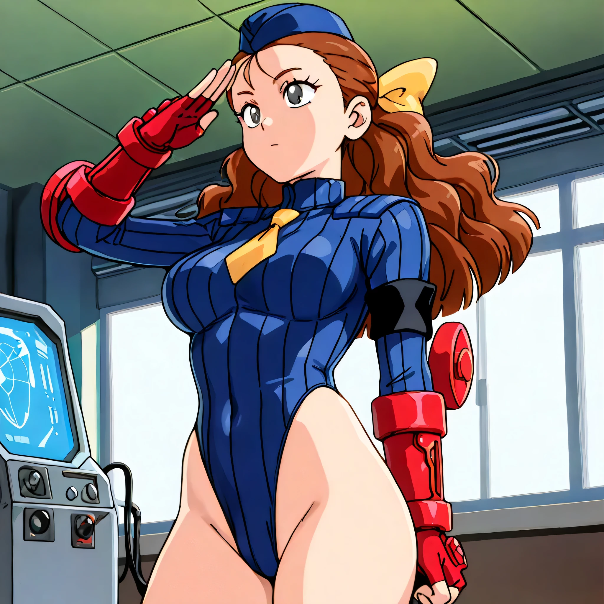 ultra-detailed, Explicit, Beautiful body, Beautiful Nose, Beautiful character design, perfect eyes, perfect face, ultra highres, 4K, beautiful legs, perfect legs, Nice hands, Perfect hand, Masterpiece, Best Quality, Highly detailed, illustration, absurdres, street fighter, doll suit, shadaloo doll, dollsuit, expressionless, blank eyes, looking at viewer, red gloves, emotionless, black latex, corrution, mind control, female combatant, full body, hypnotized, unhappy trance, full body suit, ribbed bodysuit, both arms at side, obey, perfect female body, extremely glossy latex, hypnosis, hypnoLora, empty eyes, Mind control device, poses, submissive_pose, Slave, hat, necktie, lying down, lying down at attention, hat, yellow necktie, belt, latex, ribbed bodysuit, thighhighs, garter belt, Fighting Stance, nazi saluting, military, military saluting, salute, thigh boots, solo, blood on shirt, blood on hand, blood on clothes, blood on face, blood, blood on arm, blood on cheek, blood on leg, gun, holding gun, gun in hand, Stellvia of the Universe, Katase Shima, brown hair, twin tails, bun, brown eyes