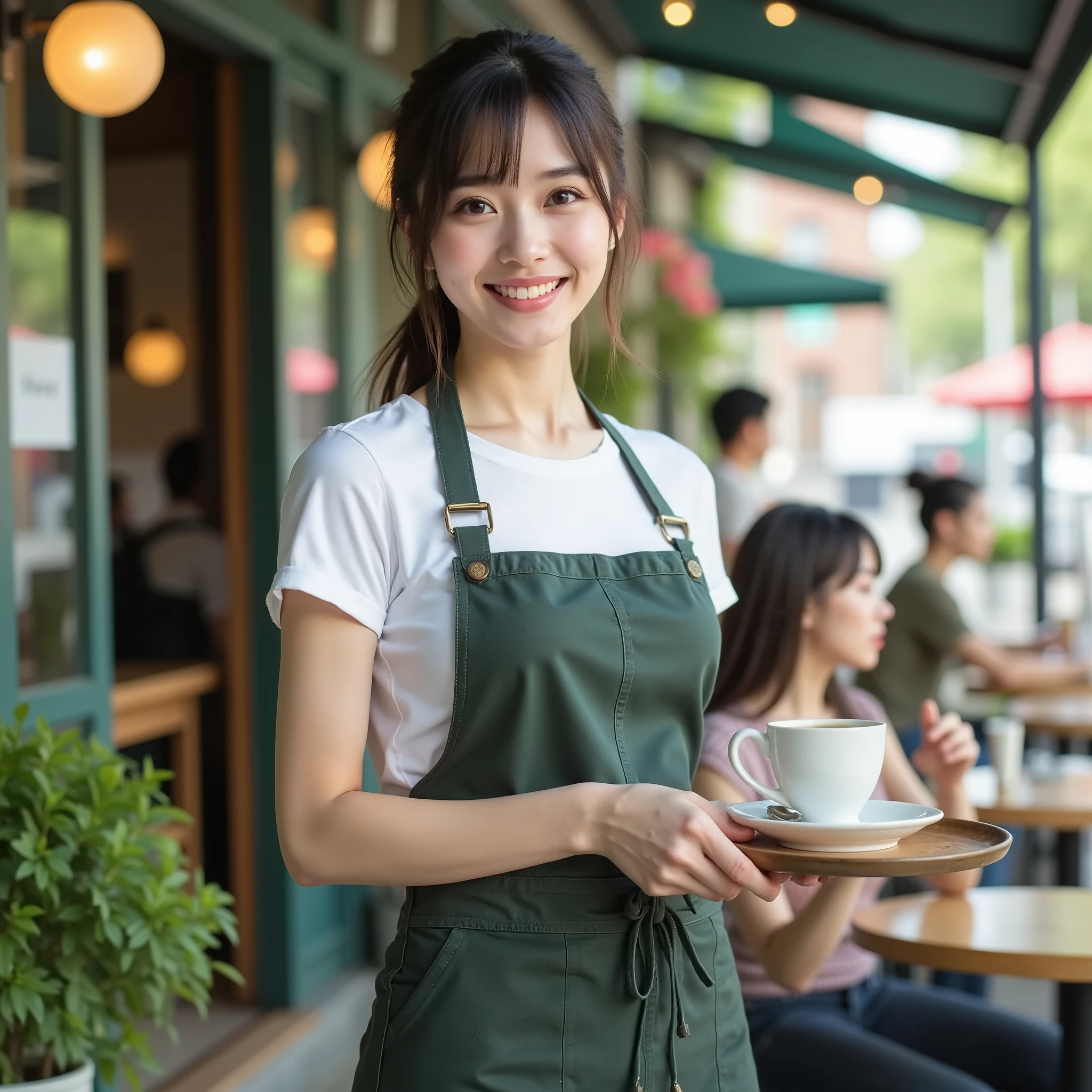 『1 Japanese girl:1.3』『raw photo:1.3』『real photos:1.3』Highest Quality:1.2、((big breasts))、I can see my cleavage slightly、((young 20 year old woman ))、『showing teeth and smiling:1.9』、(((anatomically correct、perfect anatomy、anatomically correct指)))、slender body,visible, Highest Quality, ultra high definition, RAW photo, (constricted body)、full body,LOOK AND SMILE LIKE AN IDOL,fashionable coffee shop humans in the background、steamed coffee Outdoor lighting there are foliage plants, flower, wait.A dark green apron is attached over a white t-shirt,Black jeans underneath ,Put a cup of coffee on the tray and take it to the terrace,The background is a stylish terrace seat