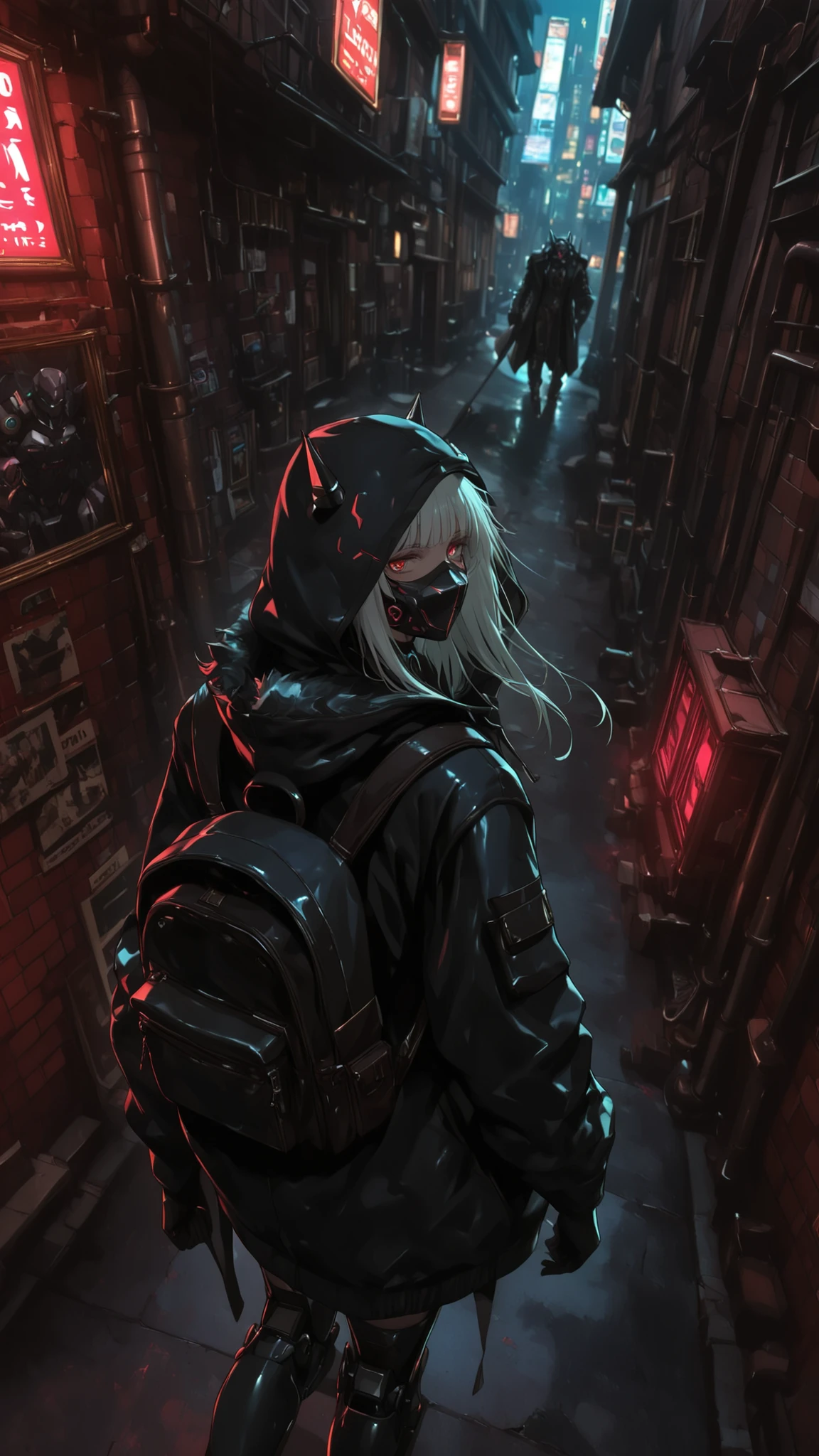 ((high angle)) mecha cyber goth girl noble huntress knight in gasmask and big long jacket on too big hoody, with backpack,  falling in to a trap on masked thief in  neo victorian alley with visible upper town with cyberpunk twist 1.0 