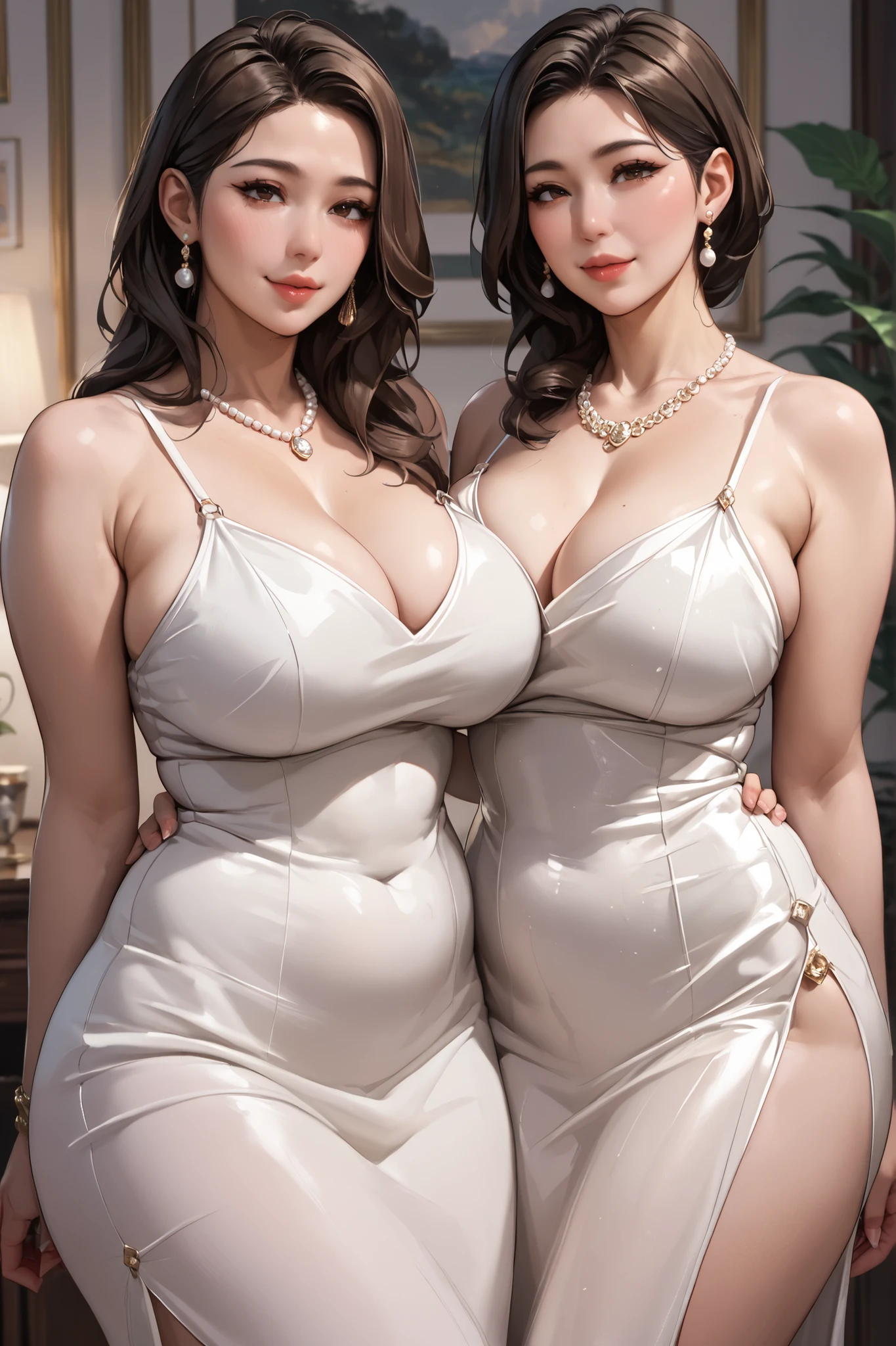 (masterpiece), ((two beautiful woman posoing together in river:1.5)), ((breakfast food on the bench:1.2)), ((side body view)), the best quality, expressive eyes, perfect face, beautiful details face, ((flawless goddess)), ((indian bridal ornate matta pathi headpiece)), ((gold chain and mang tikka headpiece:1.5)), ((indian huge necklace jewelry)), A beautiful mature woman posing shows her Extremely busty and attractive body, saggy breasts and aerola, (smirk), multicolored hair, (random hairstyles, shiny hair, ((long bodycon maxi dress)), ((tight long t-shirt maxi dress:1.2)), ((strapless dress:1.5)), beautiful details eyes, ( puppil eyes), glowing eyes, ((forehead jewel)) , (diamond hair orament),(natural round breasts:1.4), nipple mark, thick body, upper and bottom body, (well accentuated curves), pink lips, white nails, mascara, Long eyelashes, (Extremely wide well defined hips:1.5), (beautiful massive thick muscular thighs), tight thick, thick thighs, has a tall slender figure, Extremely detailed skin texture, (beautiful detailed realistic muscle definition), (ultra-high quality model), proportionate, intense colouration fantasy, (fantasy ruins, beautiful background), random places, gold and silver flora pastel tetradic colours, hair ornament,silver earrings, cleavage, jewelry, earring, posing in waterfall tample, big table, coktail, beer, bench, chair, picnic, ((her hands holding glass of beer)), ((Wood bench beside river)), ((table full of food below the tree))