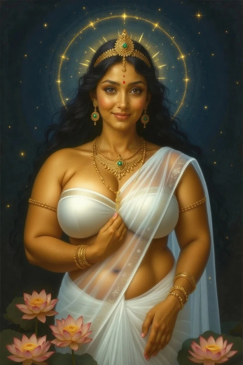 A divine image of Goddess Durga, radiant and blessed, (1.5, Half body:1.3), adorned with jewels and flowers, (Detailed face:1.2), delicate features,browser: with captivating, deeply expressive eyes, (Realistic skin, golden complexion), arms outstretched, bestowing endless blessings. Surrounded by a mystical aura, (Blurry background:1.25, ethereal, celestial), bathed in enchanting, golden light, ((Perfect Anatomy, perfectly proportional)), evoking a sense of peace, harmony, and spiritual enlightenment. An exquisite,