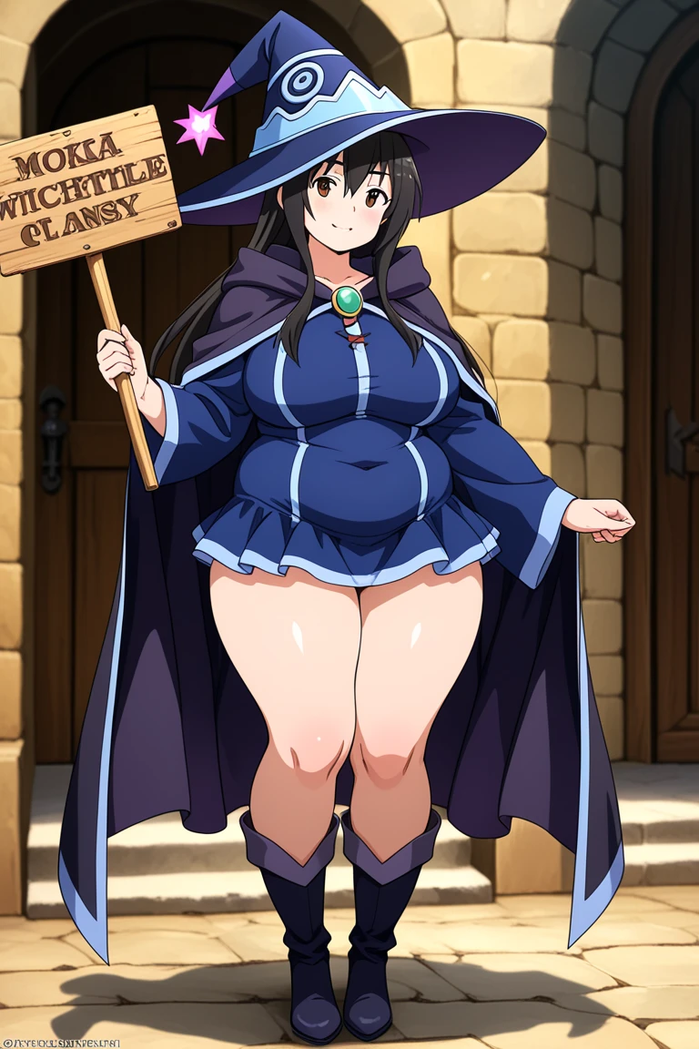 (((High quality))), 1girl, solo, black hair, messy hair, bangs, red eyes, large breasts, wide hips, thick thighs, witch hat, cloak, white blouse, blue skirt, sailor uniform, sexy pose