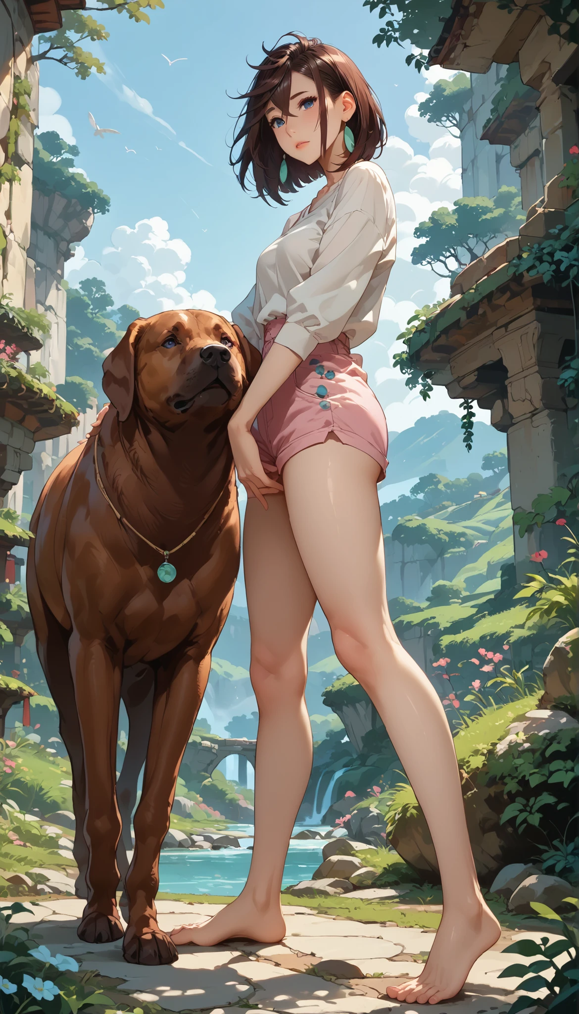 , full size portrait, frame, ayase momo, 18 years old, like a Stone Age woman, position showing off her leather and fur clothes, barefoot , dirty and exposed legs,  low angle, (lowered eyes, round face), loose loincloths, 1 girl, middle chest, brunette with disheveled hair, bangs, beautiful river valley landscape, stands full length in a beautiful pose, barefoot  ноги на теплом песке, blue eyes look at the camera, middle chest, beautiful nature in the background, is agitating on a bright sunny day, full-length side view