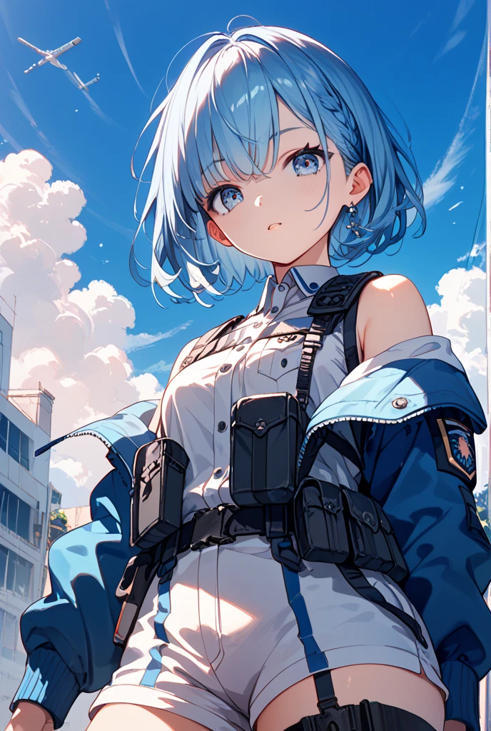(the street:1 girl with blue hair,Get up,One word step+), tmasterpiece, Best quality at best, RAW photogr, realistically, the face, Incredibly ridiculous Resourcetra long brown curly hair around the ears),eye shadows,techwear outfits,(Red off-shoulder knee-length dress),White off-shoulder long dress,(White tight flats,depth of fields, A high resolution, ultra - detailed, filigrees, RAWE is very detailed, The eyes and the face are very detailed, Sharp pupils, realistic student, lock focus, Movie Lighting,Full body lesbian,bigger,The legs look very long from the front,dynamicposes,Normal posture,Close-up of the face
