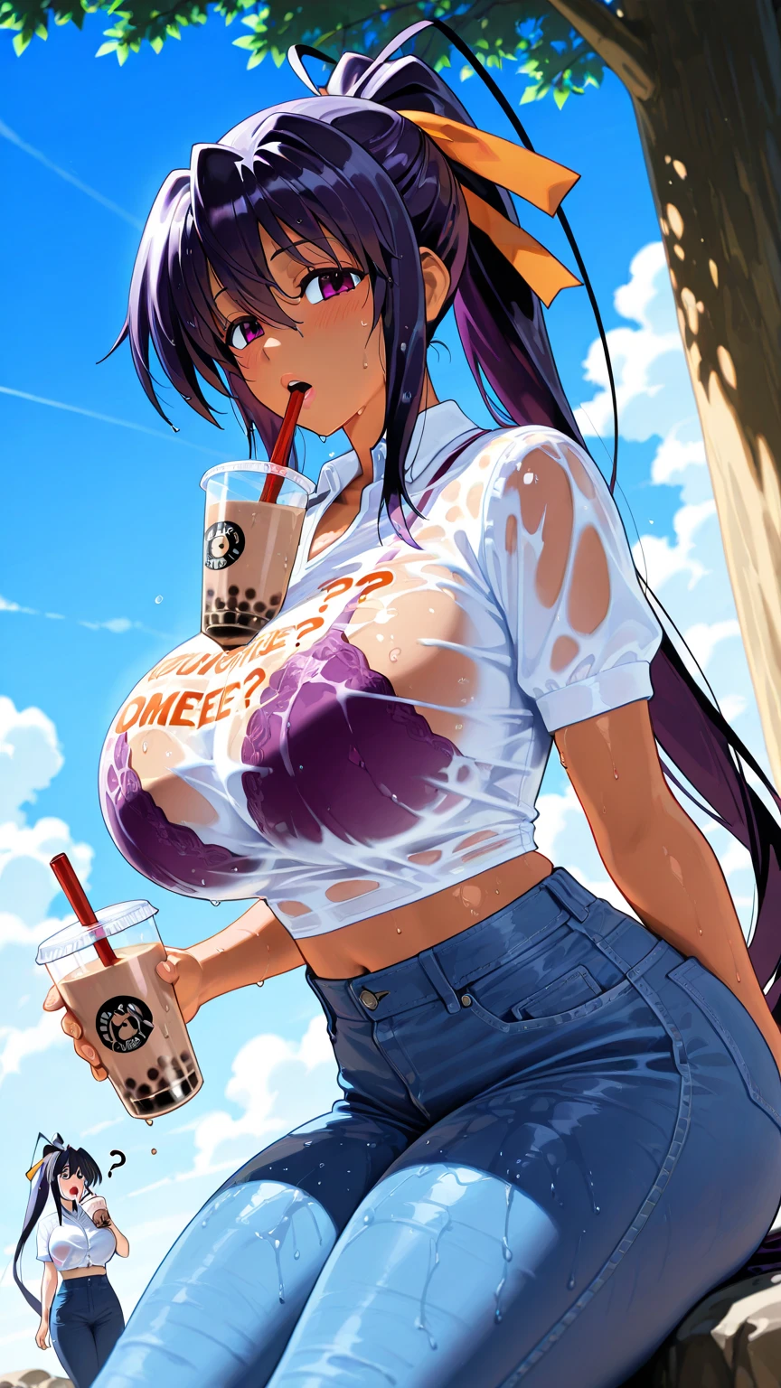 nsfw,hyperrealistic anime,curvy gyaru sitting,tanned gyaru,at home,black hair,(milk dripping from nipples:1.2),nipple-baring,look at viewer,upper body,earring,make up,drinking milk,tubetop blouse,