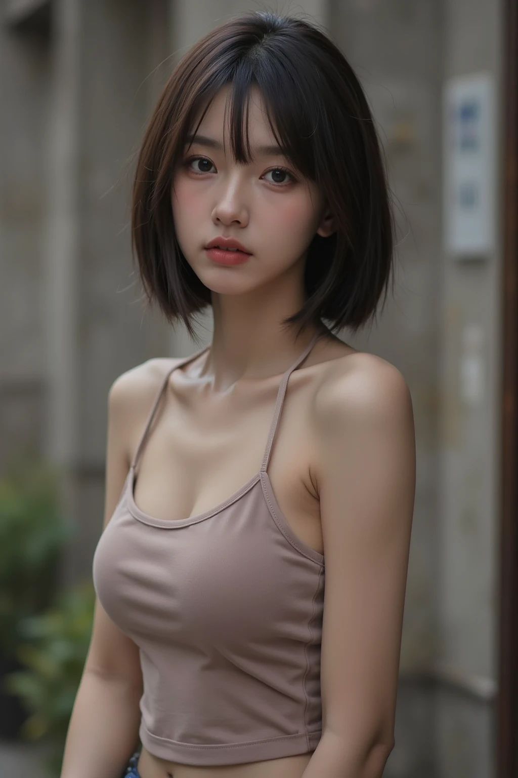 ((Best quality, 32K, Masterpiece :1.3)), Sharp focus :1.2, perfect figure beautiful woman:1.4, Slim abs:1.2, ((Layered Hair Style,)), (Tank top shirt:1.1 ), (the street:1.2), Highly detailed facial and skin texture, A detailed eye,（torn laundry：1.5）， Best Picture Quality,tmasterpiece,Ultra-high resolution,（fidelity：1.4）,photore， 1 girl，[（grieves）],white  shirt,dimly lit,darkly,be desperate,pitying,cinematic ligh,(torn laundry：1.5),exposed bare shoulders,Narrow eyes,Slanted Eyes,(Flat Chest),(Beautiful nipples),(Are thin),Slim figure,Pale pink underwear,