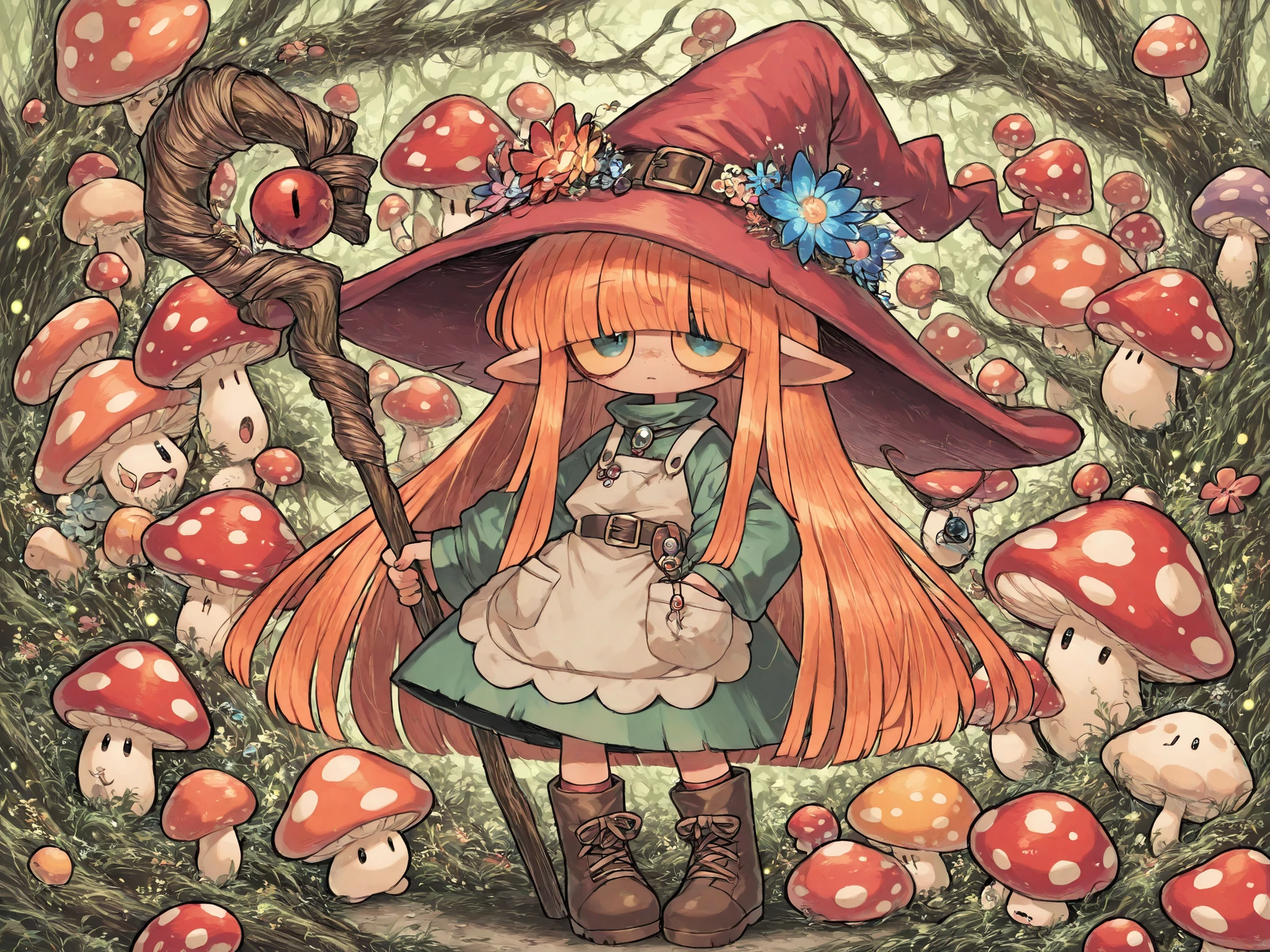 (edanoma_meu_illu,) a Fungi Witch. She has a petite build and flat chest, she is shorty, her hat, staff and boots are too big for her. She has dark caramel tanned skin, covered with freckles. She has big long pointy-ears. She has yellow-amber sclera and red irises. She has straight longest orange hair with straight bangs over her eyes. She wears medieval swampy green dress and an apron with two pockets. she wearing a potion belt with acorns pendants. There is a bag over her shoulder with healing herbs sticking out of it. She has brown pointy-toed witch boots. (red fly Agaric mushroom hat in the shape of a witch's hat) She wears a red fly Agaric hat on her head. In her hand she holds a staff in the shape of a tree branch overgrown with moss. On the background : the mushroom grove where big multicolor mushroom-trees grow everywhere around the blooming swamp, fireflies are flying in the air. Multicolored flowers and mushrooms wich growing around have bioluminescence.