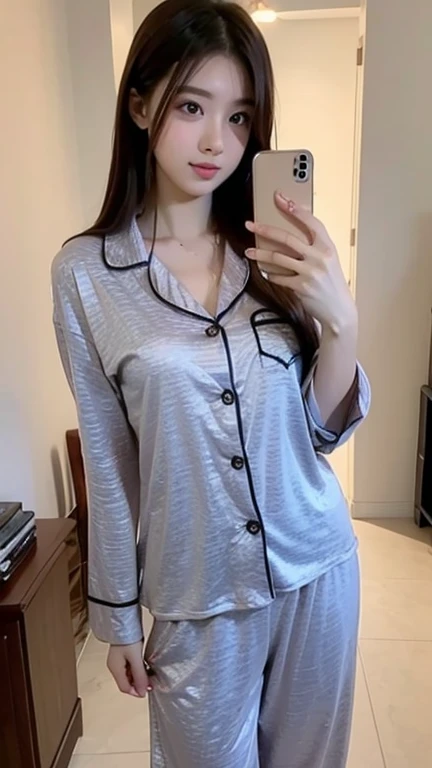 ((top-quality、8k、masterpiece:1.3))、Beautiful woman with perfect body:1.4、slim abdomen:1.2、Longhair, normal breast, Highly detailed facial and skin texture, A detailed eye, (smile), (full body shot), ((bedroom)), (sitting on bed), (((wearing pajamas 1.2)), looking in front,