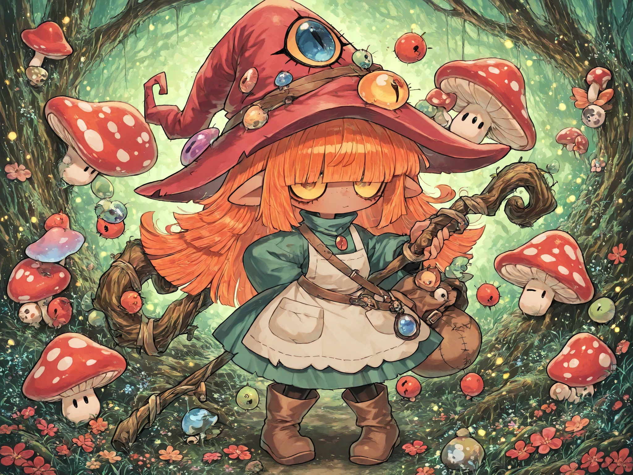 (edanoma_meu_illu,) a Fungi Witch. She has a petite build and flat chest, she is shorty, her hat, staff and boots are too big for her. She has dark caramel tanned skin, covered with freckles. She has big long pointy-ears. She has yellow-amber sclera and red irises. She has straight longest orange hair with straight bangs over her eyes. She wears medieval swampy green dress and an apron with two pockets. she wearing a potion belt with acorns pendants. There is a bag over her shoulder with healing herbs sticking out of it. She has brown pointy-toed witch boots. (red fly Agaric mushroom hat in the shape of a witch's hat) She wears a red fly Agaric hat on her head. In her hand she holds a staff in the shape of a tree branch overgrown with moss. On the background : the mushroom grove where big multicolor mushroom-trees grow everywhere around the blooming swamp, fireflies are flying in the air. Multicolored flowers and mushrooms wich growing around have bioluminescence.