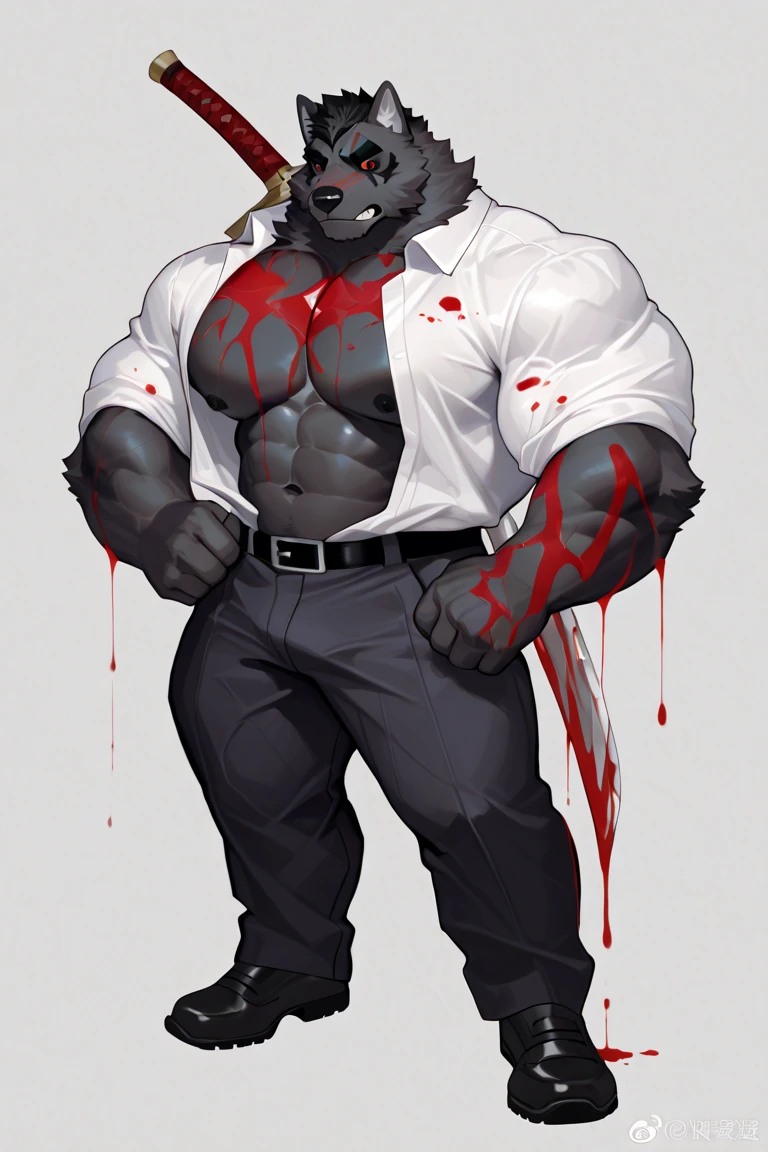 Black Bear，personification，Strong Man，??????，?????，There are no limbs，Stained with blood，Confusion，White ???? briefs，Laboratory Background。