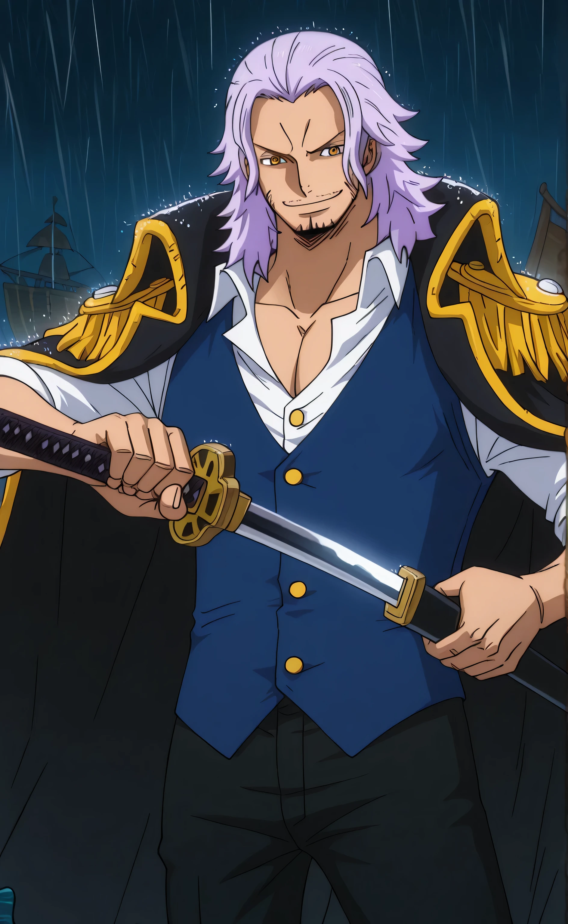 1male,solo,Gildarts Clive,light purple hair,long hair,yellow eyes,smile,muscle,black pirate coat,white shirt,dark blue vest,black pants,black 1katana,Unsheathing,pirate ship,rain,sea,night,male focus,One Piece Anime Style