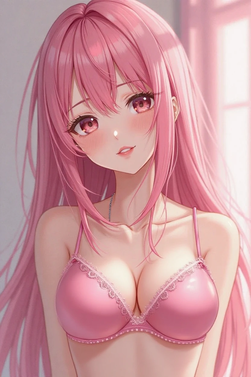 glowart: 1.0), (bright, sketch, drawing: 1.0), 1girl, bangs, red eyes bright relucent light in hair, blush, collarbone, hair between eyes, long hair, looking at viewer, bra, open mouth, pink hair, portrait, shiny, shiny hair, side ponytail,