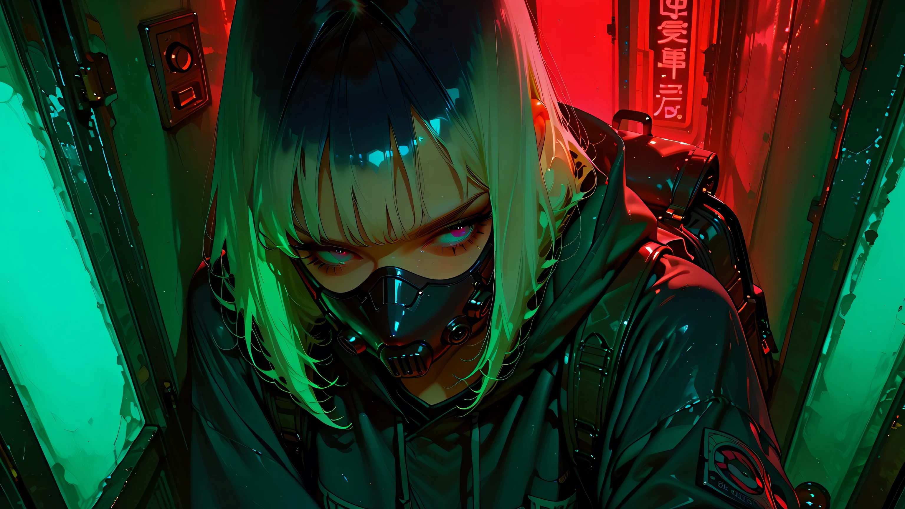((high angle)) mecha cyber goth girl noble huntress knight in gasmask and big long jacket on too big hoody, with backpack, falling in to a trap on masked thief in neo victorian alley with visible upper town with cyberpunk twist 1.0 32k UHD high resolution, Official work The styles convey a sense of visceral impact, material obsession, realistic beauty, and an unflinching exploration of uncomfortable themes through visual texture and light highres, lens, LED lighting, colored shadows, crisp texture, neon reflections6K, anamorphic lens, ultra wide cinematic crop, digital sharpness[Details: Hyperrealistic details, polished textures, sharp focus on materials and textures professional photography, intricate details, masterpiece, perfect anatomy, cinematic angle , cinematic lighting, , UHD Official work 50mm .epic detailed 4k epic detailed