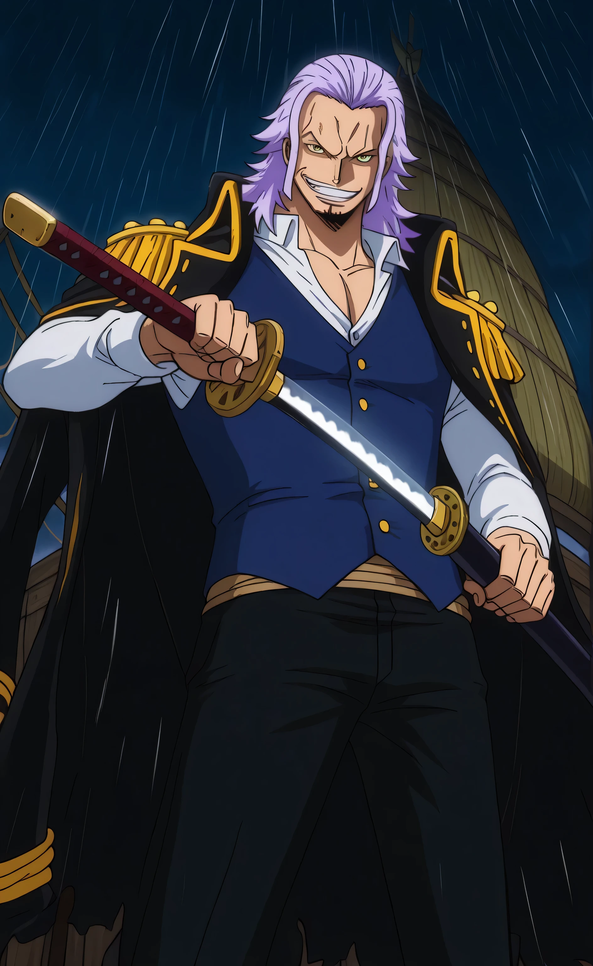 1male,solo,Gildarts Clive,light purple hair,long hair,yellow eyes,evil grin,muscle,black pirate coat,white shirt,dark blue vest,black pants,black 1katana,Unsheathing,pirate ship,rain,sea,night,male focus,One Piece Anime Style