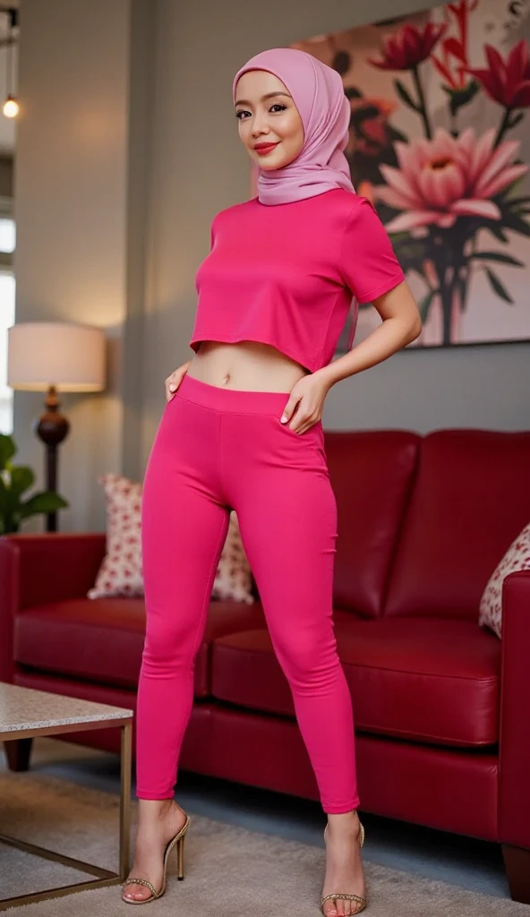 1 matured malay girl in hijab in bedroom, (((big breast:1.1))), seducing, sexy pose, (8k, RAW photo, best quality, masterpiece:1.2), (realistic, photo-realistic:1.37), overexposed breasts, extremely detailed fully erected nipples, close up, ((dolphin shorts)), ((pink shorts)),