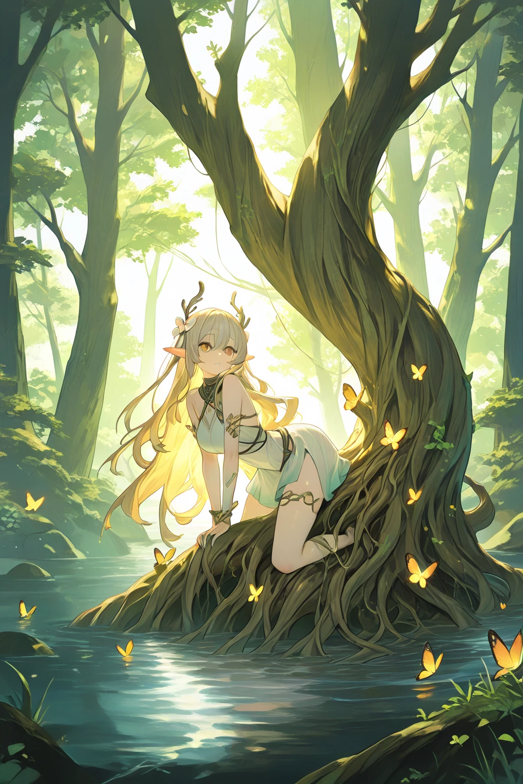 tmasterpiece,Best quality,
1girll,
Mumu,long whitr hair,Brown hair and green hair,pointy ears,Yellow eyes,hair adornments,Moles under the eyes,little breast,鎖骨,By bangs,
face to the viewer,sat on the ground,Put your hands behind you,((Spread your legs)),((The lower body is unobstructed)),((The lower body is unobstructed)),((Black lace panties)),((Black lace panties))