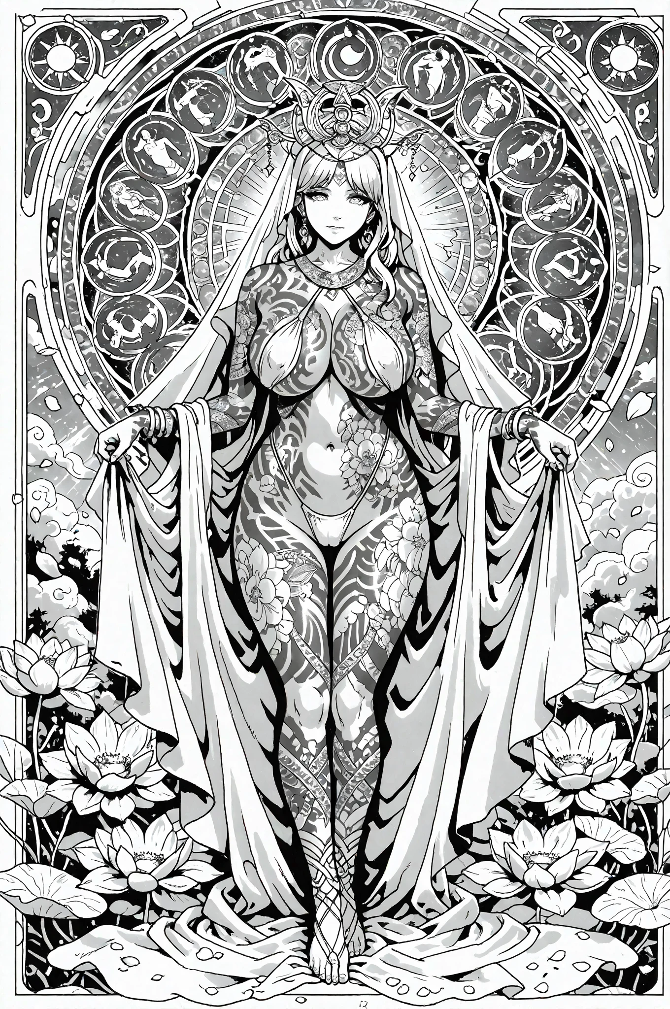 Line art of goddess , mono color, gigantic breast, lineart, monochrome