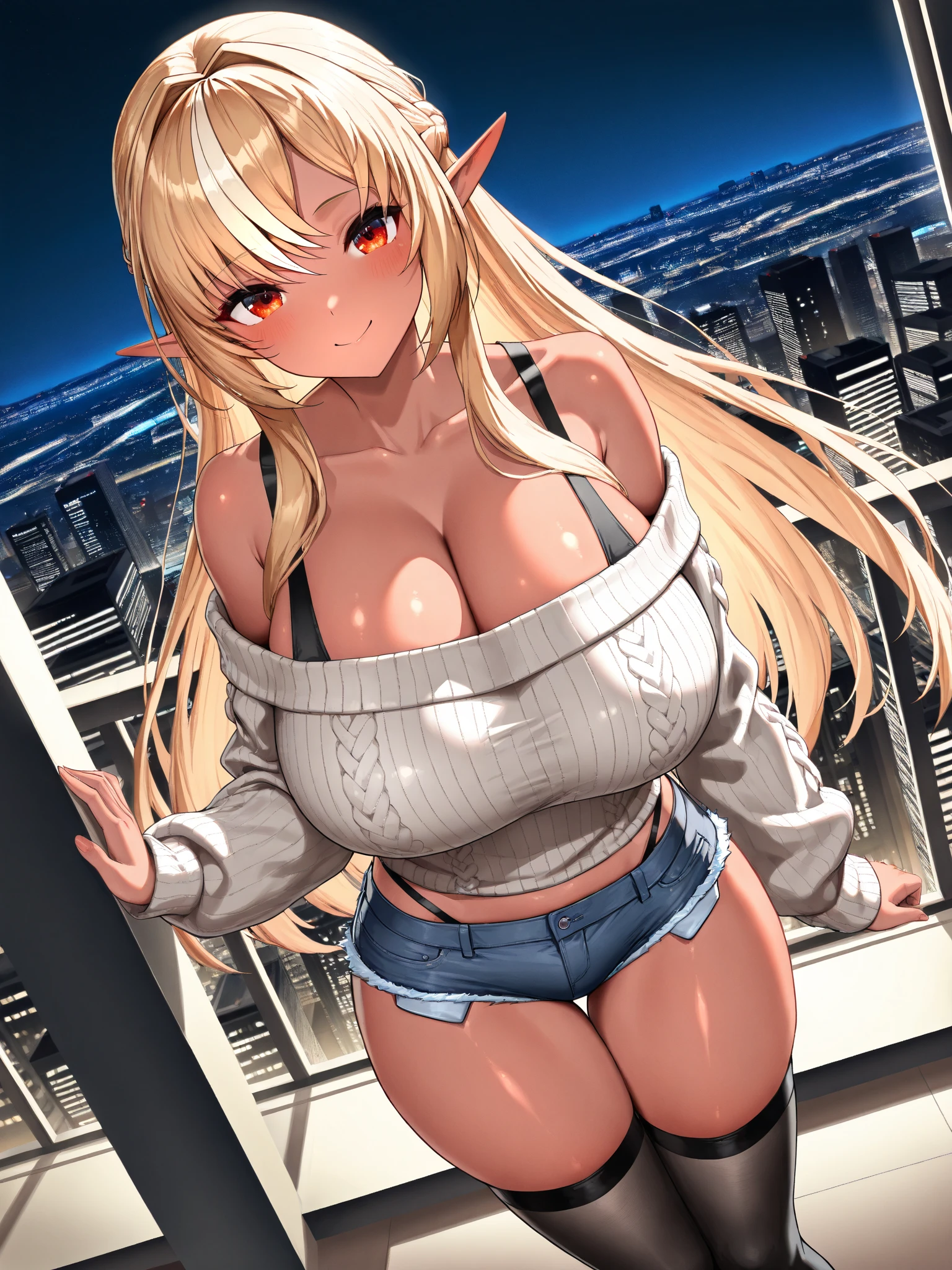 1 female. Half body shot. 22 years in age. 5'4. Slim thick, huge covered perky tits, tight tank top and jacket, short messy boy hair, blonde hair, collar around her neck, apartment balcony, golden hour, submissive, gentle smile with mischievous look in eyes, look up at me. . Extremely thicc, tomboy, short shorts 