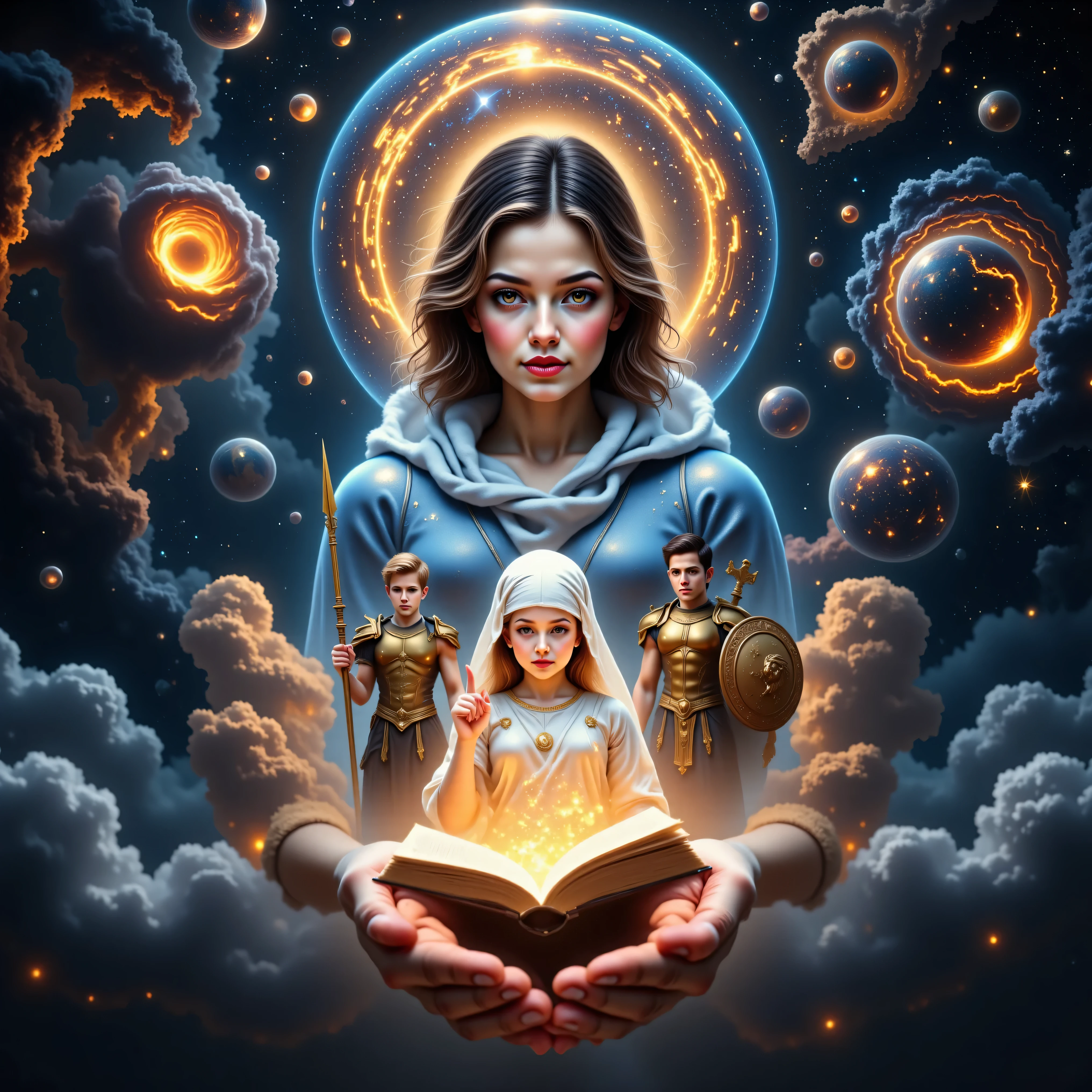 It creates the image of a metaphysical being. of a humanoid shape, her whole being is made up of an enormous set of constellations, stars, Soles , galaxies. In the palm of her hand is the figure of a beautiful girl, with blond hair that shines like the sun, dressed as a sacred angel with a white robe and a bandage that covers her eyes. In her right hand she holds an open book and her left hand points upwards. On the sides of the girl there are two very handsome boys who wear Trojan-like armor, The boy on the left has short brown wavy hair and is holding a spear golden, while the boy on the right with short black hair holds a sword and a round shield with a lion symbol. It is an enigmatic image, VERY DEEP , very bright colors, high saturation and contrast, semirealistic image that combines the art of frescoed painting with the highest quality 3D technology