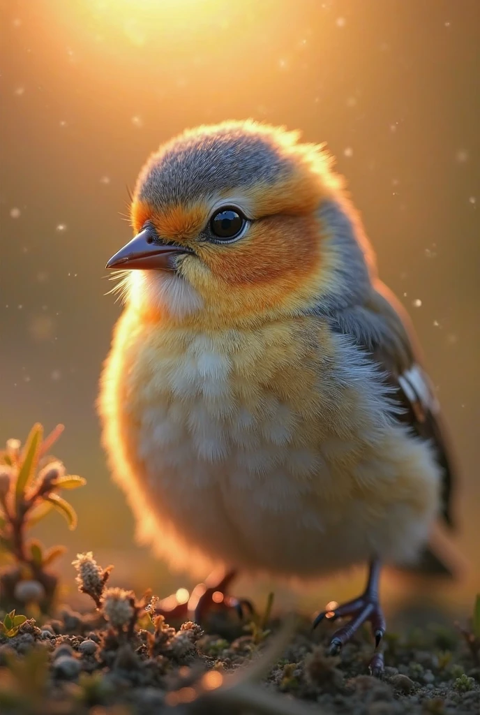 A mesmerizing close-up portrait of a gorgeous little bird illuminated by the soft, golden light of a tranquil morning, with vibrant bokeh balls gently framing its delicate form.