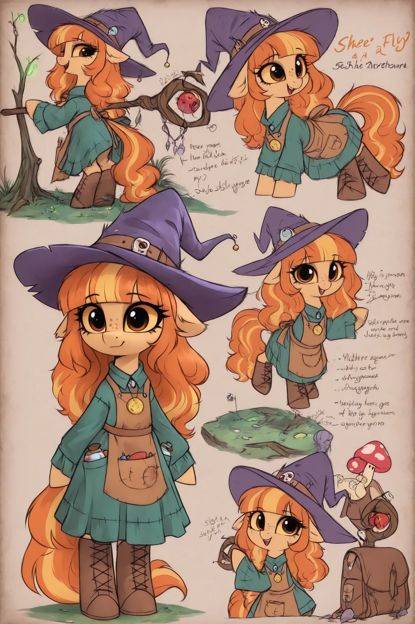 (hzkchin,Furry-style character concept art,My Pony Style V4) My Little Pony Style a Fungi Witch. She has a petite build and flat chest, she is shorty, her hat, staff and boots are too big for her. She has dark caramel tanned  skin, covered with freckles. She has big long pointy-ears. She has yellow-amber sclera and red irises. She has straight longest orange hair with straight bangs over her eyes. She wears medieval swampy green dress and an apron with two pockets. she wearing a potion belt with acorns pendants. There is a bag over her shoulder with healing herbs sticking out of it. She has brown pointy-toed witch boots. (red fly Agaric mushroom hat in the shape of a witch's hat) She wears a red fly Agaric hat on her head. In her hand she holds a staff in the shape of a tree branch overgrown with moss. On the background:the mushroom grove where big multicolor mushroom-trees grow everywhere around the blooming swamp, fireflies are flying in the air. Multicolored bioluminescence flowers and mushrooms are growing.
