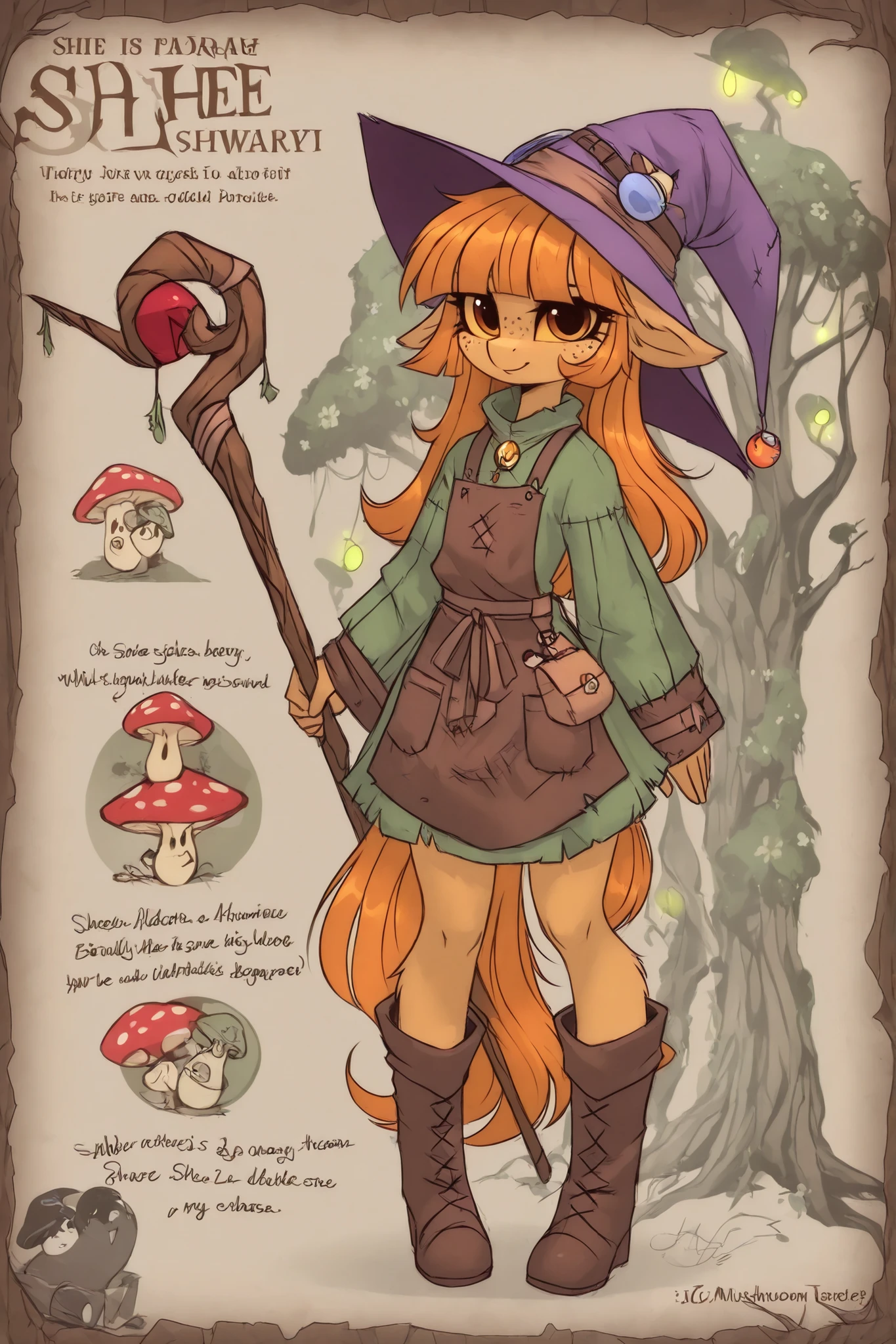 (hzkchin,Furry-style character concept art,My Pony Style V4) My Little Pony Style a Fungi Witch. She has a petite build and flat chest, she is shorty, her hat, staff and boots are too big for her. She has dark caramel tanned  skin, covered with freckles. She has big long pointy-ears. She has yellow-amber sclera and red irises. She has straight longest orange hair with straight bangs over her eyes. She wears medieval swampy green dress and an apron with two pockets. she wearing a potion belt with acorns pendants. There is a bag over her shoulder with healing herbs sticking out of it. She has brown pointy-toed witch boots. (red fly Agaric mushroom hat in the shape of a witch's hat) She wears a red fly Agaric hat on her head. In her hand she holds a staff in the shape of a tree branch overgrown with moss. On the background:the mushroom grove where big multicolor mushroom-trees grow everywhere around the blooming swamp, fireflies are flying in the air. Multicolored bioluminescence flowers and mushrooms are growing.