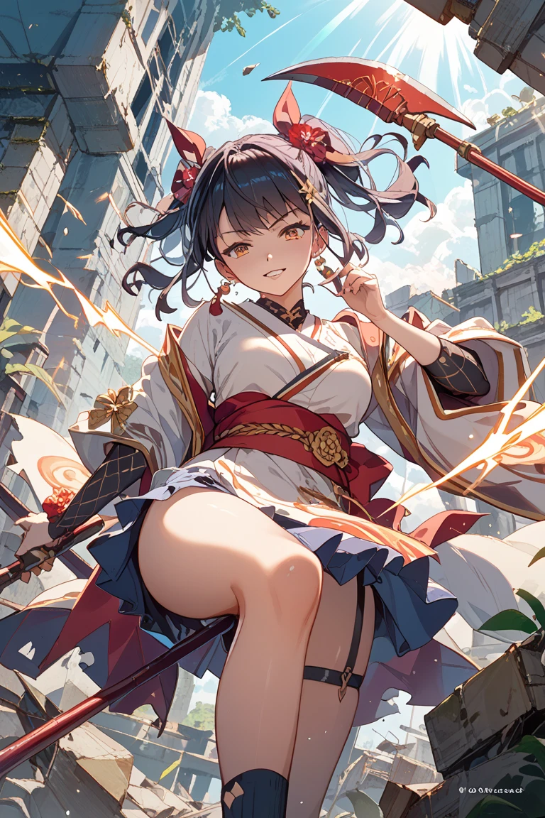 Red Blue Hair、Golden Eyes、Braid、One good looking girl、solo、anime、Checkered mini skirt、Ruffles on the skirt、Red T-shirt、Cape、Gothic、Black knee-high socks、Wearing a baseball cap、Wearing a ribbon、Ribbon on waist、Tilting face、Teeth are visible、Sunset sky、Piercing the clouds、Contrail、Cumulonimbus、Pillar of Light、Silver coin necklace、A world of light、Spreading his arms for balance、shine、Tap from above、bell、torii、Desert Oasis