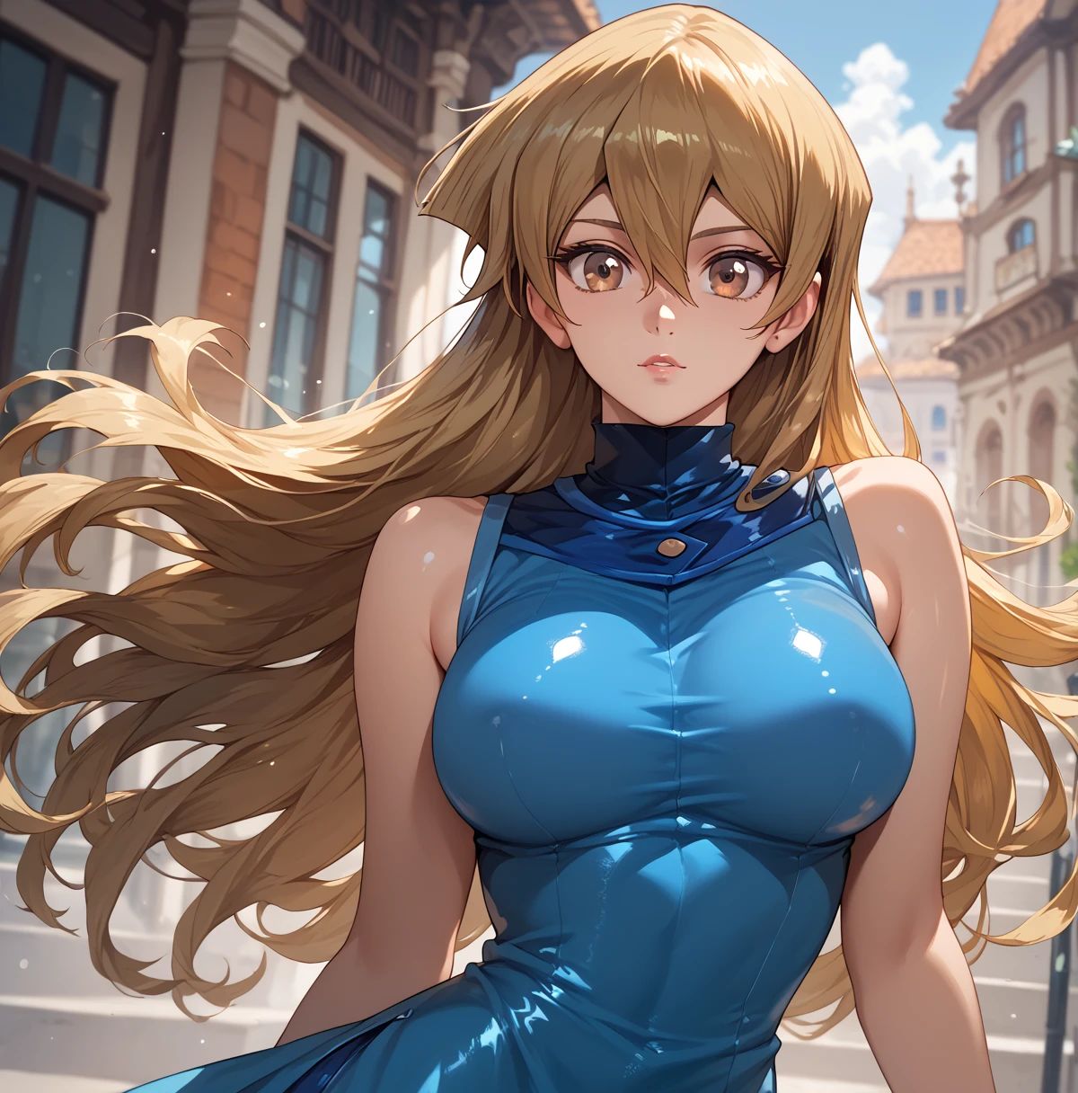 (masterpiece: 1.2), (best quality: 1.2) 1 woman, posing frontally, mature, tall (1.85), appeared to be around 25 years old, had blonde (golden) hair, straight hair and shiny, hair tied in a samurai bun, bangs, emerald green eyes, extremely detailed eyes, perfect eyes, extremely realistic eyes, well-aligned eyes, long eyelashes, anime style, perfect face, milf face, full lips, smiling, mature, fair skin, natural body, sexy body, milf body, perfect hands, detailed hands, hands well proportioned to the body, realistic hands, arms with good anatomy, she only wore a blue leather jacket with long sleeves, silver chest armor, underneath that still couldn't hide her extremely large and huge breasts that hung down due to their size, muscular abs, well-defined six pack abs, black leather pants with blue details on the legs, brown high boots, thick thighs, wide hips, looking to the viewer, close-up background scenery, setting in a European style castle, posing alone looking at the viewer