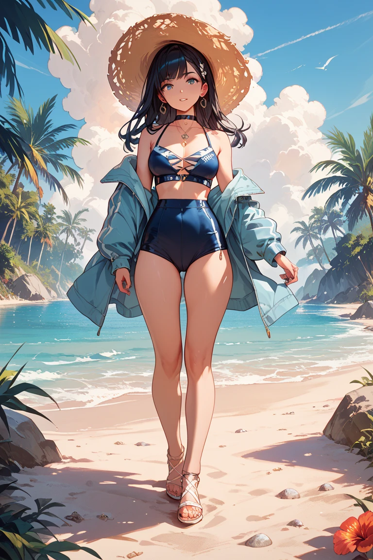(best quality, masterpiece), 1girl, (dark skin:1.2), curly hair, wavy hair, bikini, ocean, in water, wet, wide brim, happy