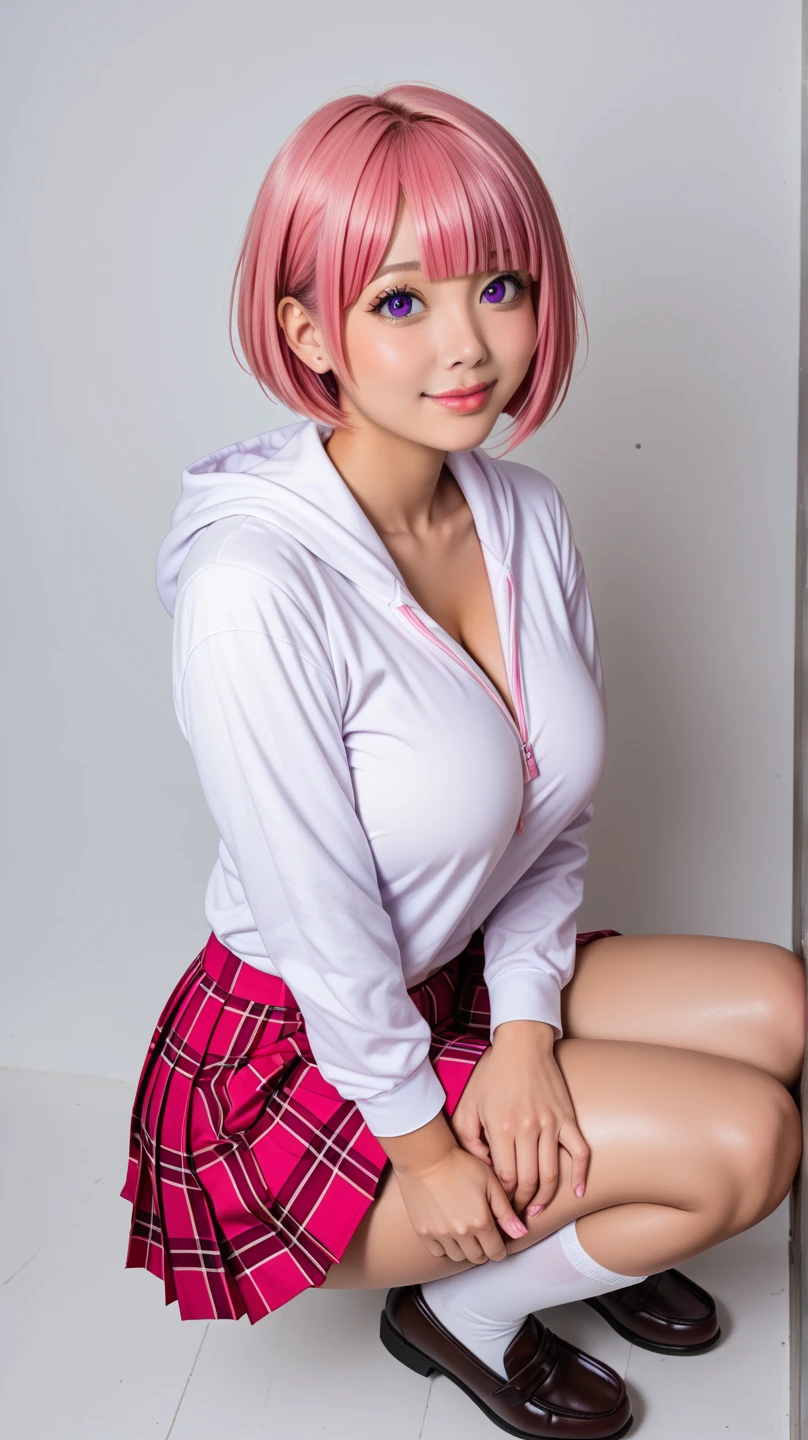 (masterpiece, highest quality, ultra high res, ultra detailed:1.3), 1 cute girl, ideal ratio body proportions, pink medium hair, small breast, black pleated mini skirt, red tank top, tank top covered nipples, white panties around one leg, sitting on toilet, surprised expression, from above, looking at viewer, peeing,