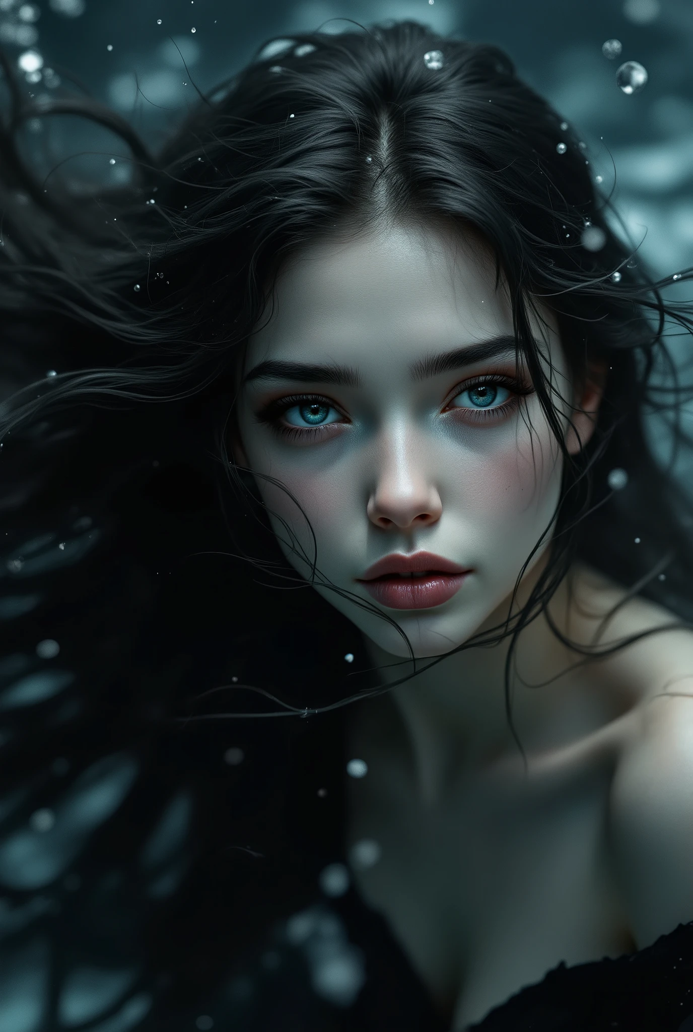 A stunning close-up of a girl embodying siren-like beauty, with long, flowing hair that cascades elegantly over her shoulders. She wears a sophisticated little black dress that clings to her figure, accentuating her grace and charm. The dramatic dynamic angle adds an edge to the composition, creating a sense of movement as if she is caught in a delicate moment of allure. The lighting is cinematic, casting soft shadows and highlights that dance across her features, enhancing the moody atmosphere. Surrounding her, a subtly blurred backdrop suggests an ethereal underwater scene, with hints of deep blues and shimmering silvers, creating a dreamlike quality. The image is presented as a 3D CG masterpiece, featuring high-relief trompe l'oeil textures that draw the viewer in, offering an ultra-realistic UHD experience.