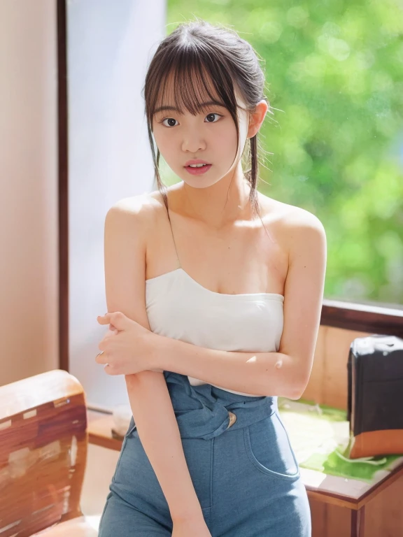 (Best-quality, Masterpiece, Ultra-High-Resolution, (Photorealistic:1.4), Raw Photo, depth of field, professional lighting, perfect , extremely details), 1girl, 15-years-old, the most famous Japanese idol, ((sitting on chair in kitchen, showing crotch,  shot)), (wearing sleeveless casual-dress with cute-design), (looking at viewer), (innocent smile), (extremely cute face like the most popular Japanese idol, ((extremely cute and extremely big round-eyes)), extremely cute hair), ((((extremely beautiful and extremely realistic skins)))), extremely cute long-eyelashes, extremely cute lips, extremely childish body