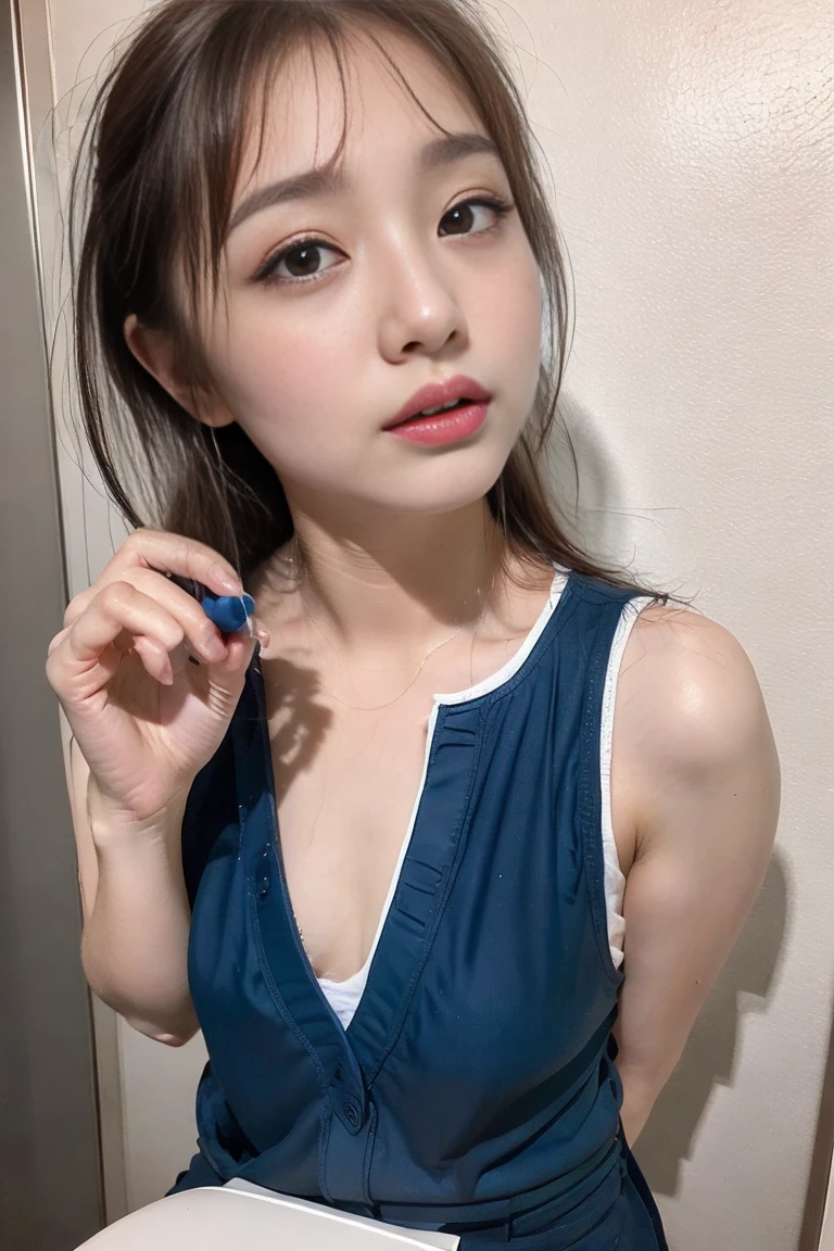 Top quality, Masterpiece, 超高分辨率, (Realistic, : 1.4), Original photo, (True skin texture: 1.3), (filmgrain: 1.3), in a panoramic view, Portrait, Very wide lens, Narrow waist, cowboy lens, (bangs, Inconspicuous, Cold light,) Night, Close-up, Tears, Short hair, neck long, ears sticking out, bangs, Big eyes, Brightly Colored Eyes, In the house, Dust, Tindall effect, (Facial expression), Sitting, (hitting a wall), Crying, Frowning, (Looking down), Nervousness, Tears, smiling happily
one girl, eyes and face with beautiful details, White jabot, pink dark V, Brown eyes,