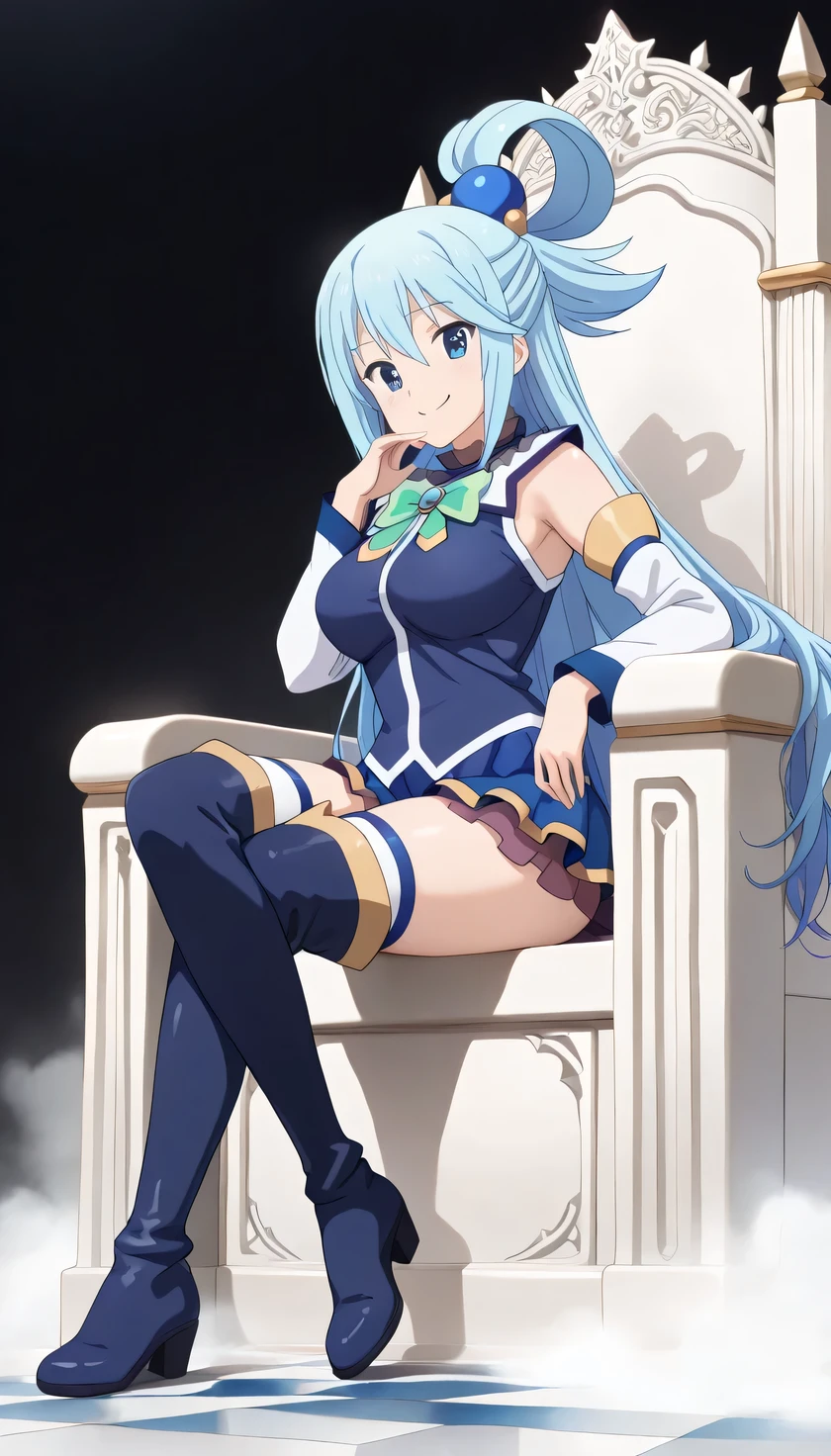 {{{masterpiece}}}, (best quality:1.5), (ultra-detailed:1.5), {illustration}, {{an extremely delicate and beautiful}}, (beautiful detailed eyes:1.6), absurdres, highres, extremely detailed face, 16k, hd, visual anime de uma jovem mulher, extremamente bonito rosto de anime, anime melhor garota, (perfect hands, perfect anatomy), anime face, aqua (konosuba), aquaSDXL, 1girl, cute face, long hair, blue eyes, hair ornament, very long hair, blue hair, half up, bangs, sidelocks, hair rings, hair bobbles, large breasts, big hips, curvaceous, BREAK, blue vest, shirt tuck out, white collar, green bow, bare shoulders, detached sleeves, white sleeves, (blue skirt:1.2), mini skirt, thighhighs, (blue long boots:1.5), thighs, zettai ryouiki, BREAK, ojou-sama pose, smile, hand on own face, (white throne:1.5), (high backrest:1.4), sit on a white chair, cross your legs, checker floor, (fog:1.3), black background, simple background