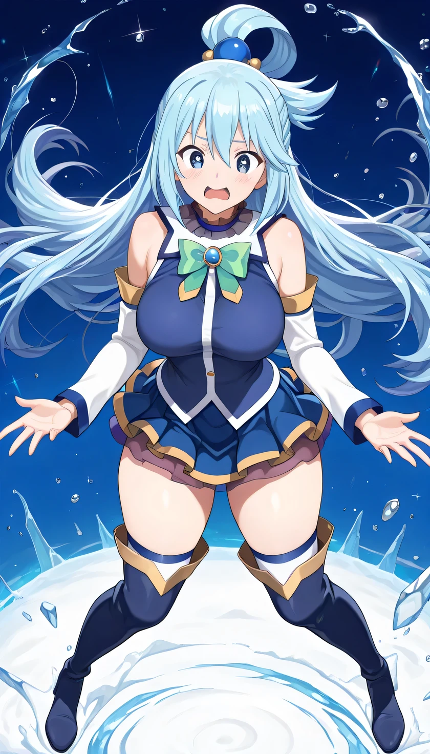 {{{masterpiece}}}, (best quality:1.5), (ultra-detailed:1.5), {illustration}, {{an extremely delicate and beautiful}}, (beautiful detailed eyes:1.6), absurdres, highres, extremely detailed face, 16k, hd, visual anime de uma jovem mulher, extremamente bonito rosto de anime, anime melhor garota, (perfect hands, perfect anatomy), (five fingers:1.1) anime face, aqua (konosuba), aquaSDXL, 1girl, cute face, long hair, blue eyes, hair ornament, very long hair, blue hair, half up, bangs, sidelocks, hair rings, hair bobbles, large breasts, big hips, curvaceous, BREAK, blue vest, shirt tuck out, white collar, green bow, bare shoulders, detached sleeves, white sleeves, (blue skirt:1.2), mini skirt, thighhighs, (blue long boots:1.5), thighs, zettai ryouiki,