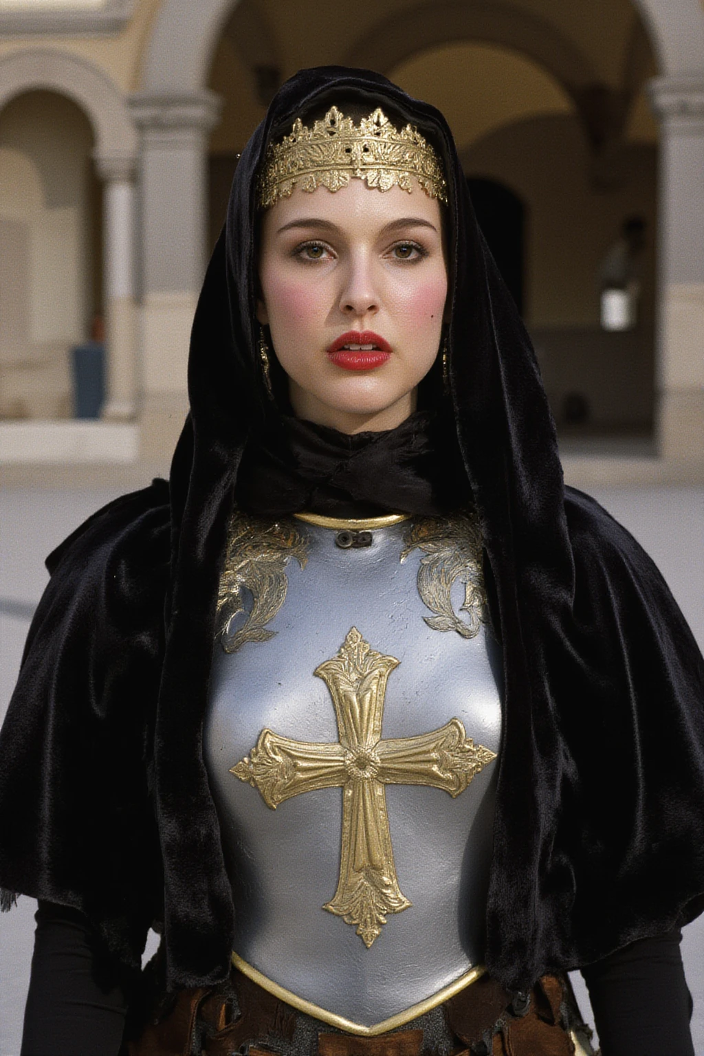 (masterpiece, top quality, best quality, official art, beautiful and aesthetic:1.2), (1girl:1.3), ((Sharp  features, sharp features, hawkish features)), ((blue eyes)), busty brunette paladin knight girl, extremely detailed, portrait, looking at viewer, solo, (full body:0.6), detailed background, full-body shot, (warm mountain meadow theme:1.1), holy knight, (nun), charlatan, smirk, mysterious, swaying in mountains, armor, polished metal, gold trim, long boots, white fabric, pelvic curtain, robe, pale leather, ((((nun, greatsword, corona, holy aura, heavy armor, armored, long legs, pelvic curtain, toned, muscular)))), slim waist, slim hips, long legs, medieval (mountain exterior:1.1) background, dark mysterious lighting, shadows, magical atmosphere, dutch angle