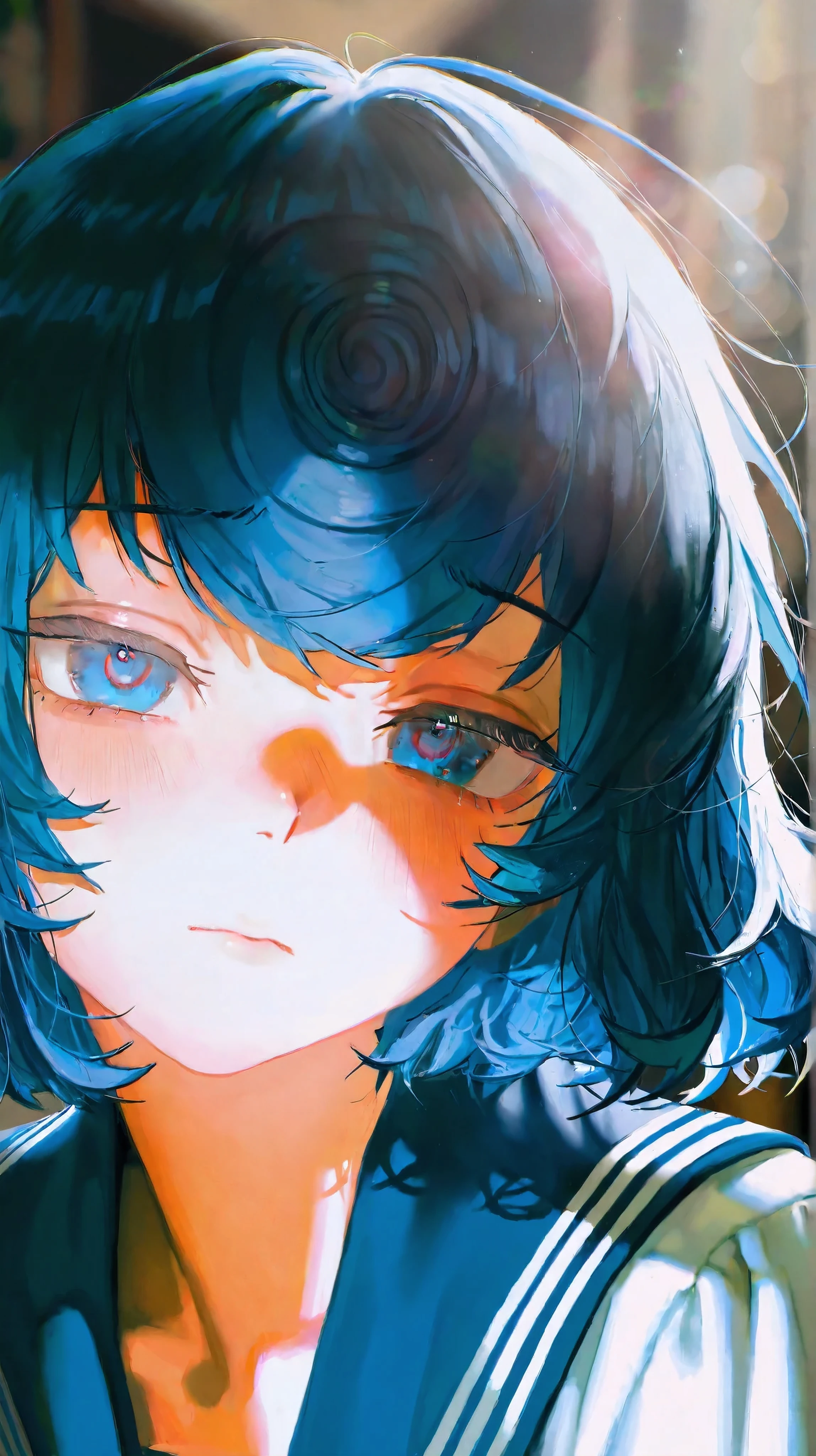 tiandou,blue hair,(Coiled Bangs|Spiral Bangs|curly bangs),blue hybrid white serafuku,highres,absurdres,incredibly absurdres,very awa,masterpiece,best quality,masterpiece,best quality,amazing quality,absurdres,in the style of fashion photography,ray tracing,dramatic shadows,dappled light,photo background,,Visual impact,sharp focus,Emotionalization,impactful picture,lens flare,depth of field,extreme aesthetic,(dino_(dinoartforame):0.5),(yoneyama mai:0.5),(Yomu:0.3),(quasarcake:0.4),(wlop:0.3),line art,hewu,depth of field,(rei \(sanbonzakura\):0.8),(ciloranko:0.7),(artist:quasarcake:0.8),(wlop:0.7),extreme aesthetic,(quasarcake:0.7),Visual impact,ultra-high resolution,32K UHD,unconventional supreme masterpiece,masterful details, high-end textur,reflective,masterful details,intricate details,high contrast,natural skin texture,offcial art,bust,looking forward