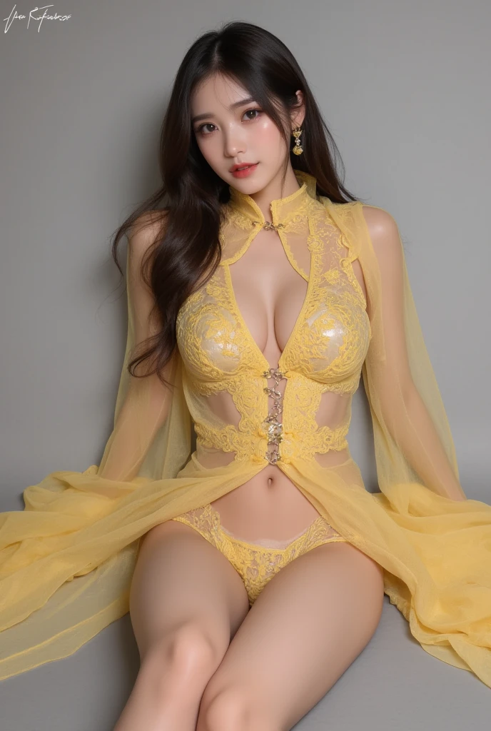 Alaf asian woman in pastel yellow lingerie sitting on bed, huge tit,full-body xianxia, elegant glamourous cosplay, gorgeous chinese model, goddess of Japan,Oriental Fantasy, sexy gown, chinese costume, Sexy Pose, royal elegant pose, Pastel yellow body, chinese princess, Trending on CGSTATION, trending at cgstation