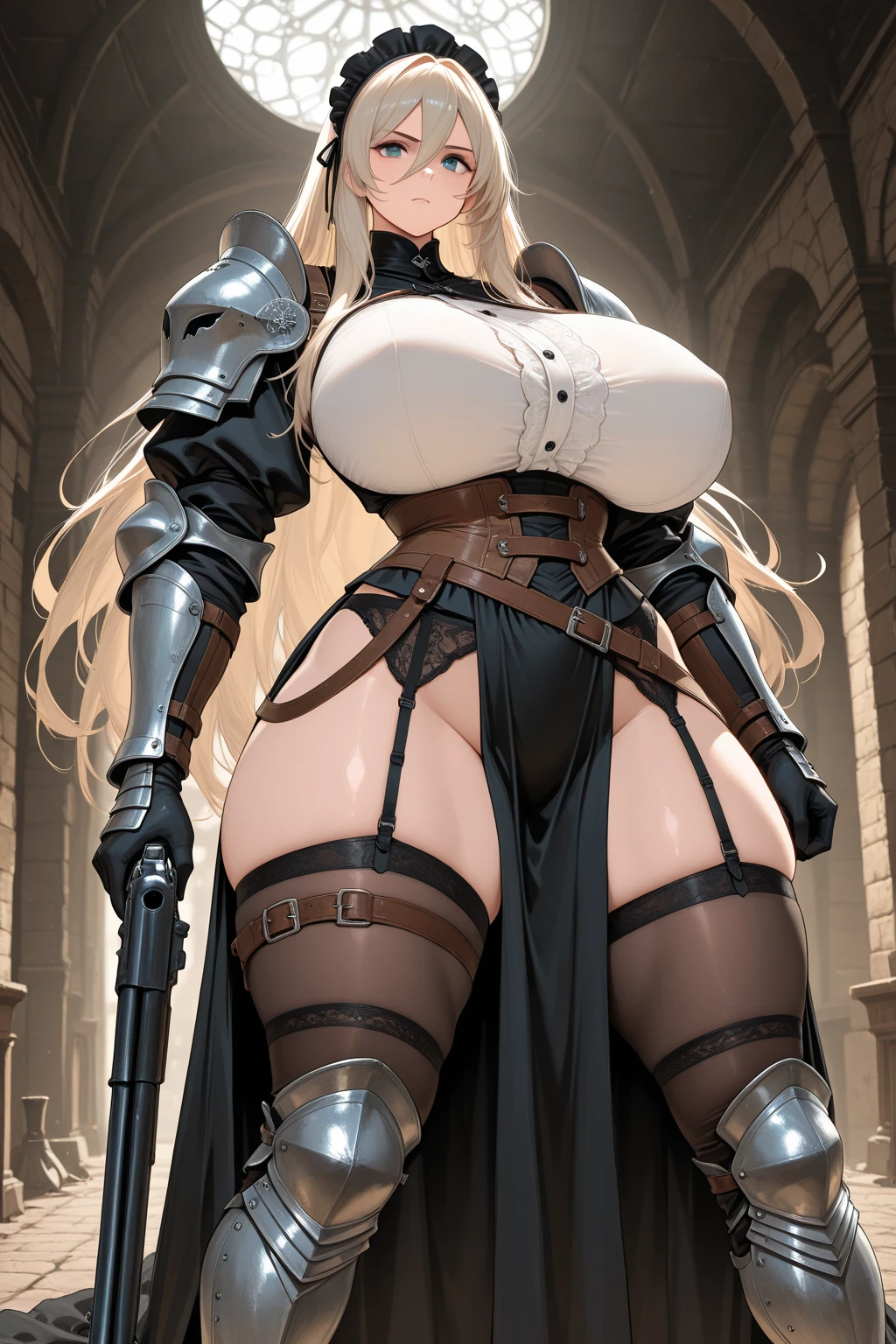 masterpiece,best quality,absurdres,high details,medieval,fantasy,at distance,1girl,yorha no. 2 type b,nier \(series\),(gigantic breasts,wide hips,thick thighs,curvy,voluptuous:1),<lora:futanarimix-erection-v1.0.3-LoCon-DAdaptAdam-D32-A16:0.7>,blindfold,(armored girl:1.4),(pauldrons:1.2),(gauntlets:1.2),futanarimix,huge penis,huge sagging testicles,<lora:Clothes_-_BunnyGirl:0.7>,strapless leotard,fishnets,fishnet pantyhose,rabbit ears,