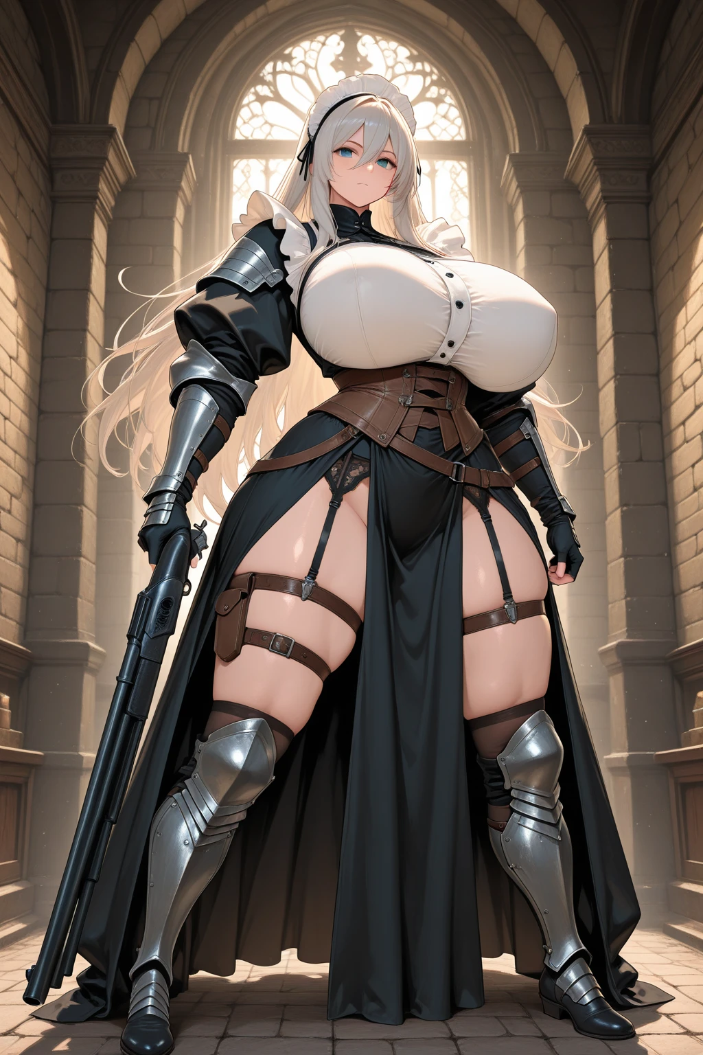 ((big breasts 1.3,topless、big areola、beautiful nipples、shiny skin:1,5)), ((nipples are visible)),mature woman、solo、armor、(blonde、long ponytail、装甲boots、greaves、gauntlet、boots、lips、shoulder armor)、look up、pillars、body suit、breastplate、(height:1.5 )、(constriction、thin waist、thin thighs)、(model:1.5)、