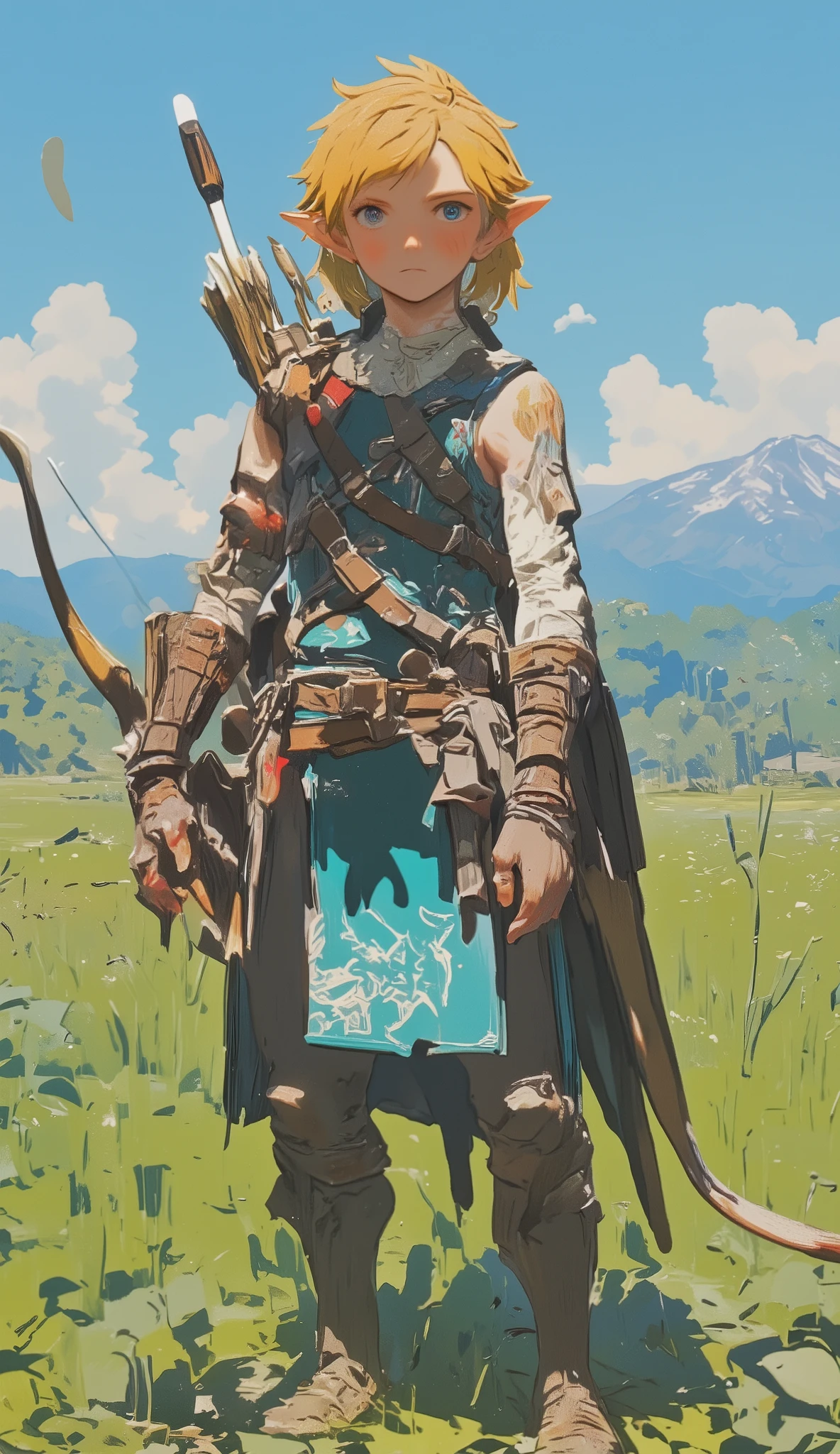 younger, has a blurry、I'm standing confidently with a bow on my hand, Ready for action. turquoise tunic adorned with a distant mountain spreading across the horizon々with a lush green field in the background、and a complicated white design, The. My thin arms are protected by brown leather braces People bathed in soft light like a sunny day, despite my quiver tied to my back, hint that you're ready for an adventure. representing a clear day, bathed in the soft light of what appears to be a clear day, Some feathers gently float through the air. clothes are reminiscent of a fantasy setting, images rendered in shades of black and red. 、the character's golden hair, elf-like figure that has been worn for a long time, The、it enhances the overall simple tone wrapped in bright colors. expression, has a sense of courage and preparation I'll tell you, stance is very similar to a hero embarking on a quest.