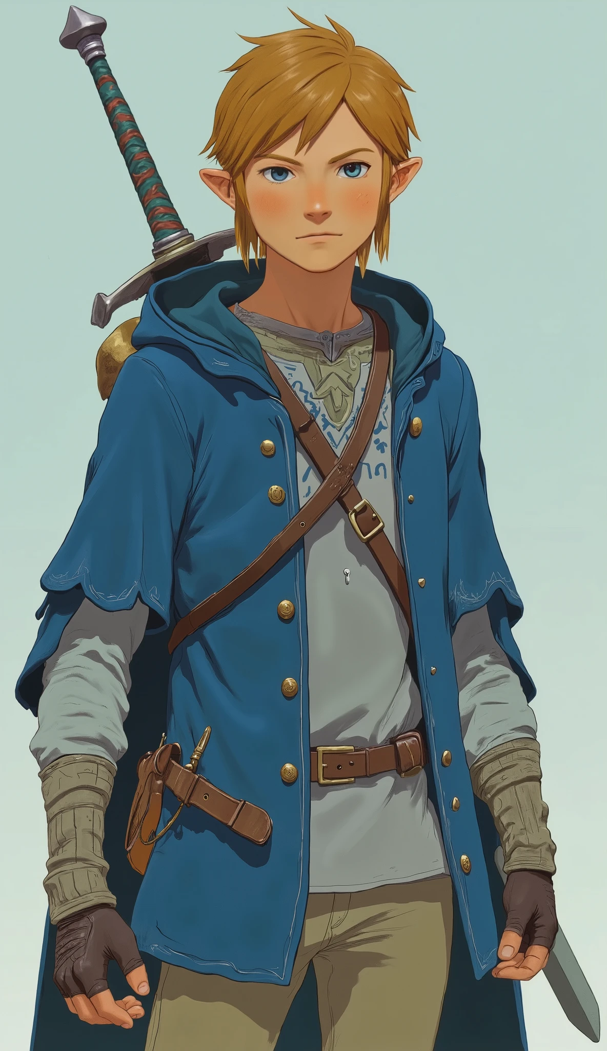 Cartoon-style image of a man wearing a sword and cloak, OTW style, The Legend of Zeldaより, The Legend of Zeldaからのリンク, Boromir at 80\'s anime world, OTW, Breath of the Wild Style , Blue Coat, zelda OTW, Zelda-inspired art, Boromir in the anime world, The Legend of Zelda