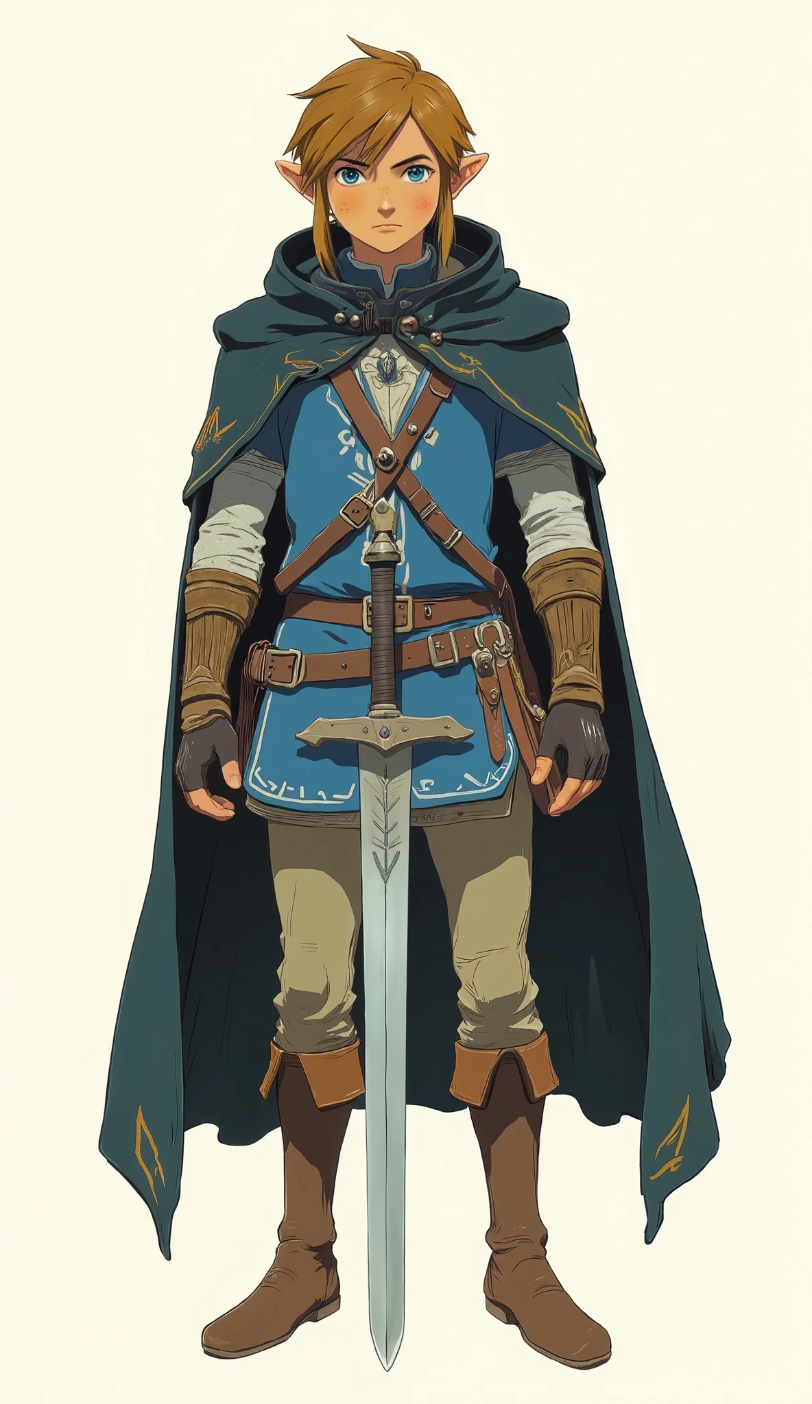 Cartoon-style image of a man wearing a sword and cloak, OTW style, The Legend of Zeldaより, The Legend of Zeldaからのリンク, Boromir at 80\'s anime world, OTW, Breath of the Wild Style , Blue Coat, zelda OTW, Zelda-inspired art, Boromir in the anime world, The Legend of Zelda