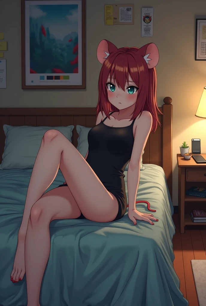 a young 11 year old girl with red hair, cat ears and tail, blue eyes, sweet, cute, petite, quiet, shy